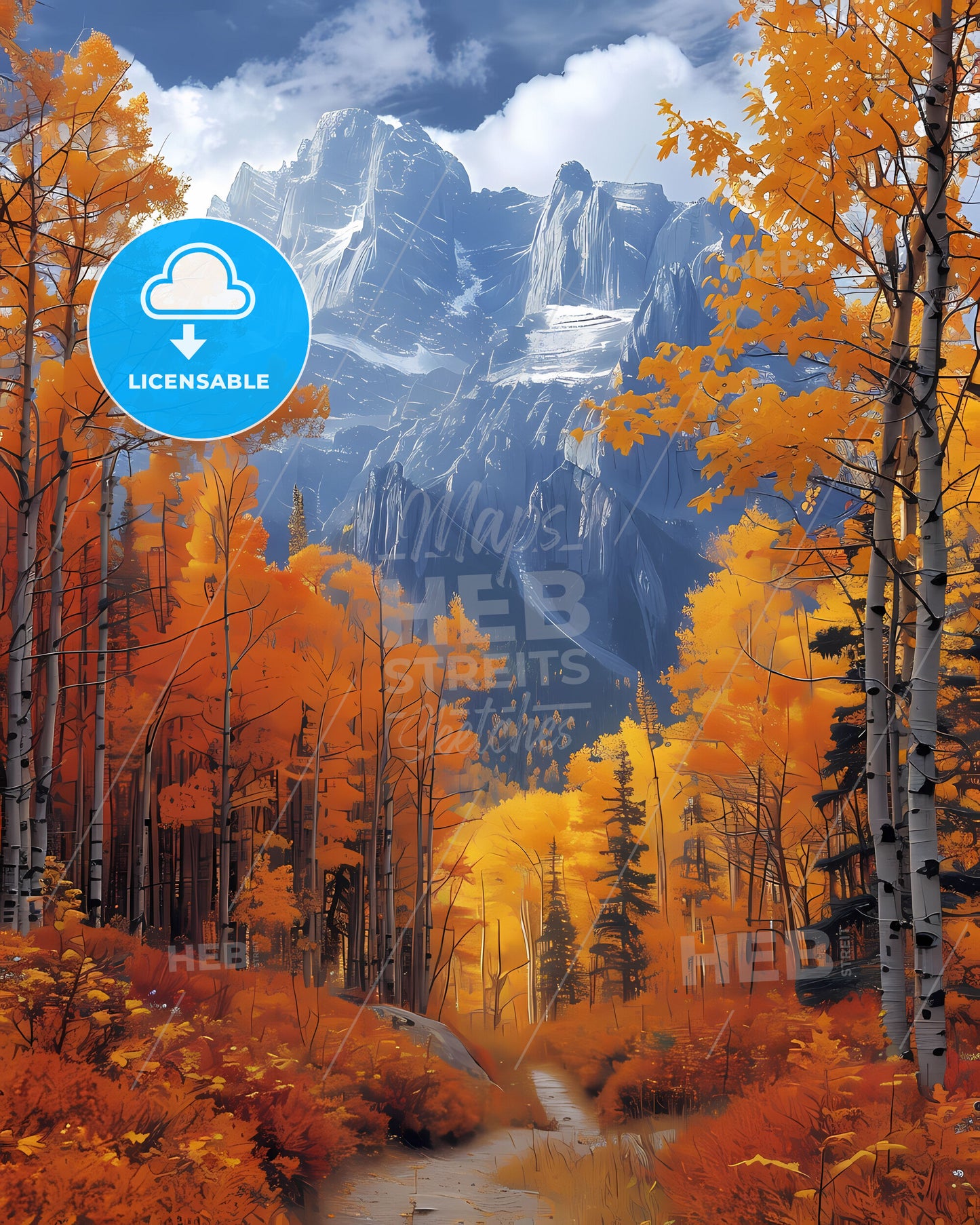 Vibrant Painting of Mountain with Orange Trees and Snowy Peak, North America, Canada