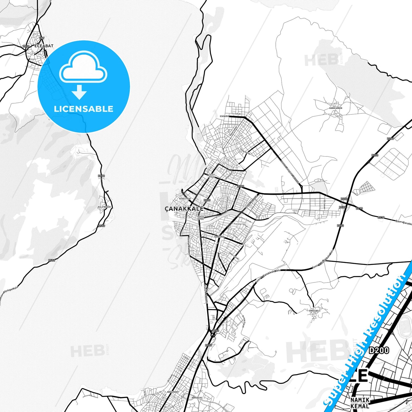 Çanakkale, Turkey Light Map with Street Names, City Names, and Districts