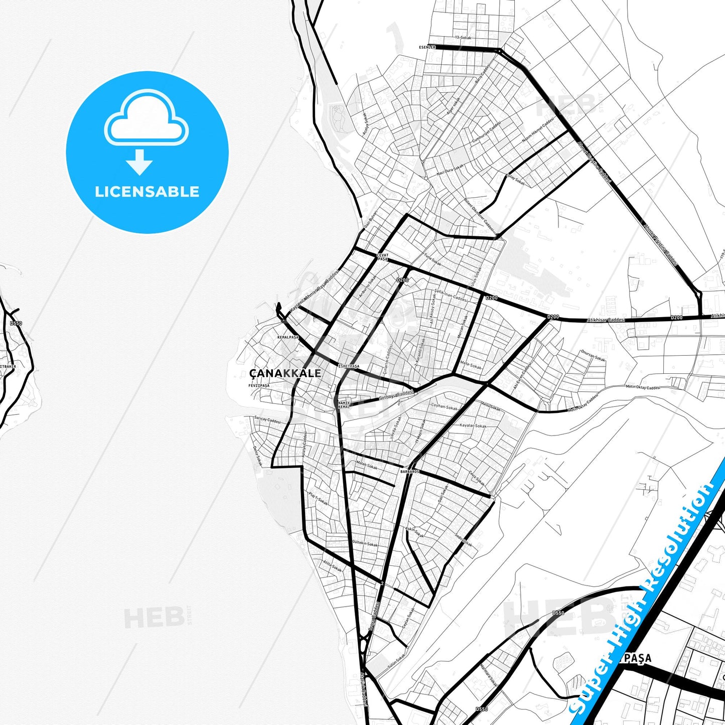 Çanakkale, Turkey Light Map with Street Names, City Names, and Districts