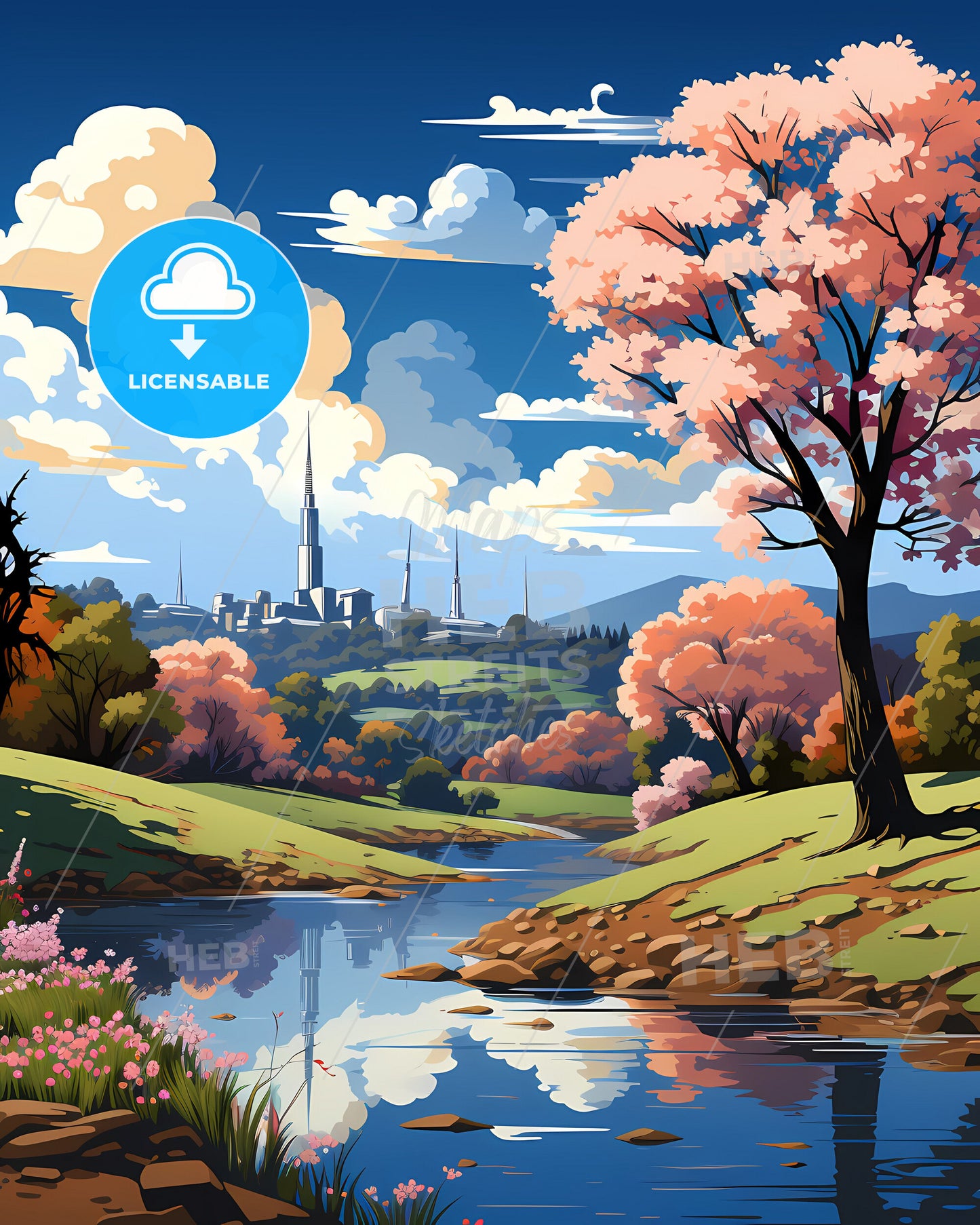 Vibrant Painted Cityscape with River Flowing Through Canberra-Queanbeyan Skyline