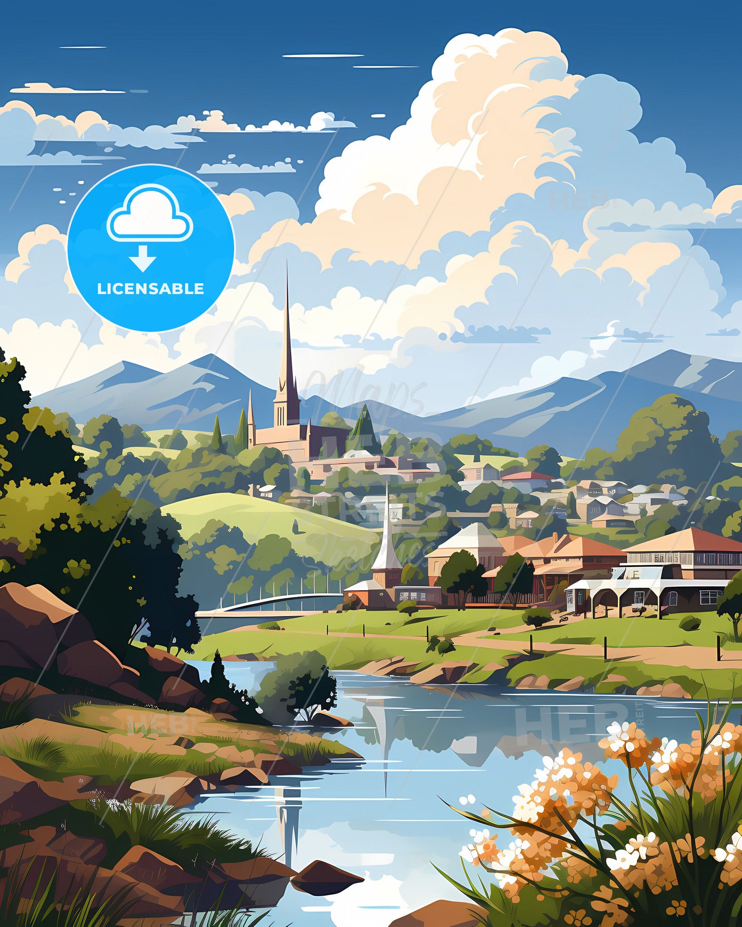 Striking Artistic Landscape of Canberra-Queanbeyan Skyline with River and Mountains