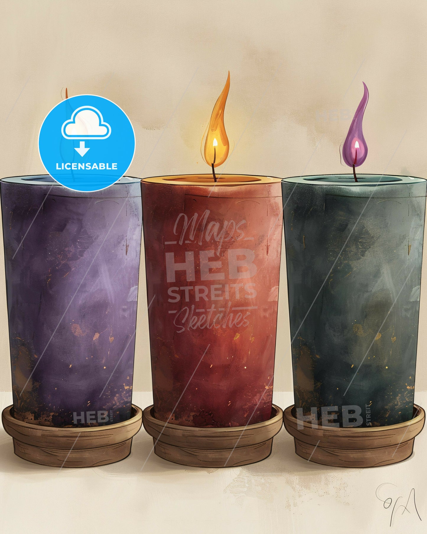 Beige Candles Modern Black Lineart - A group of candles with flame