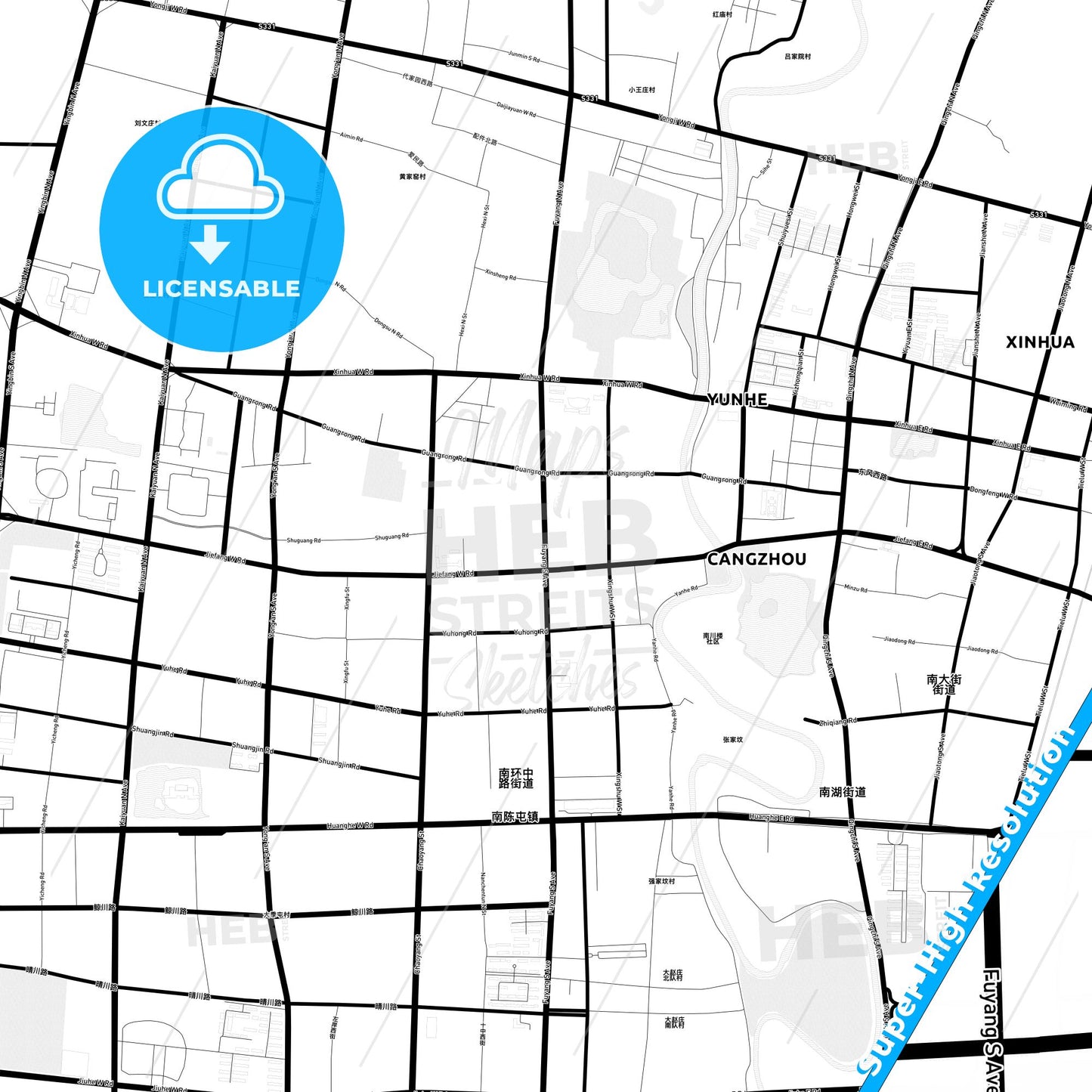 Cangzhou, China Light Map with Street Names, City Names, and Districts