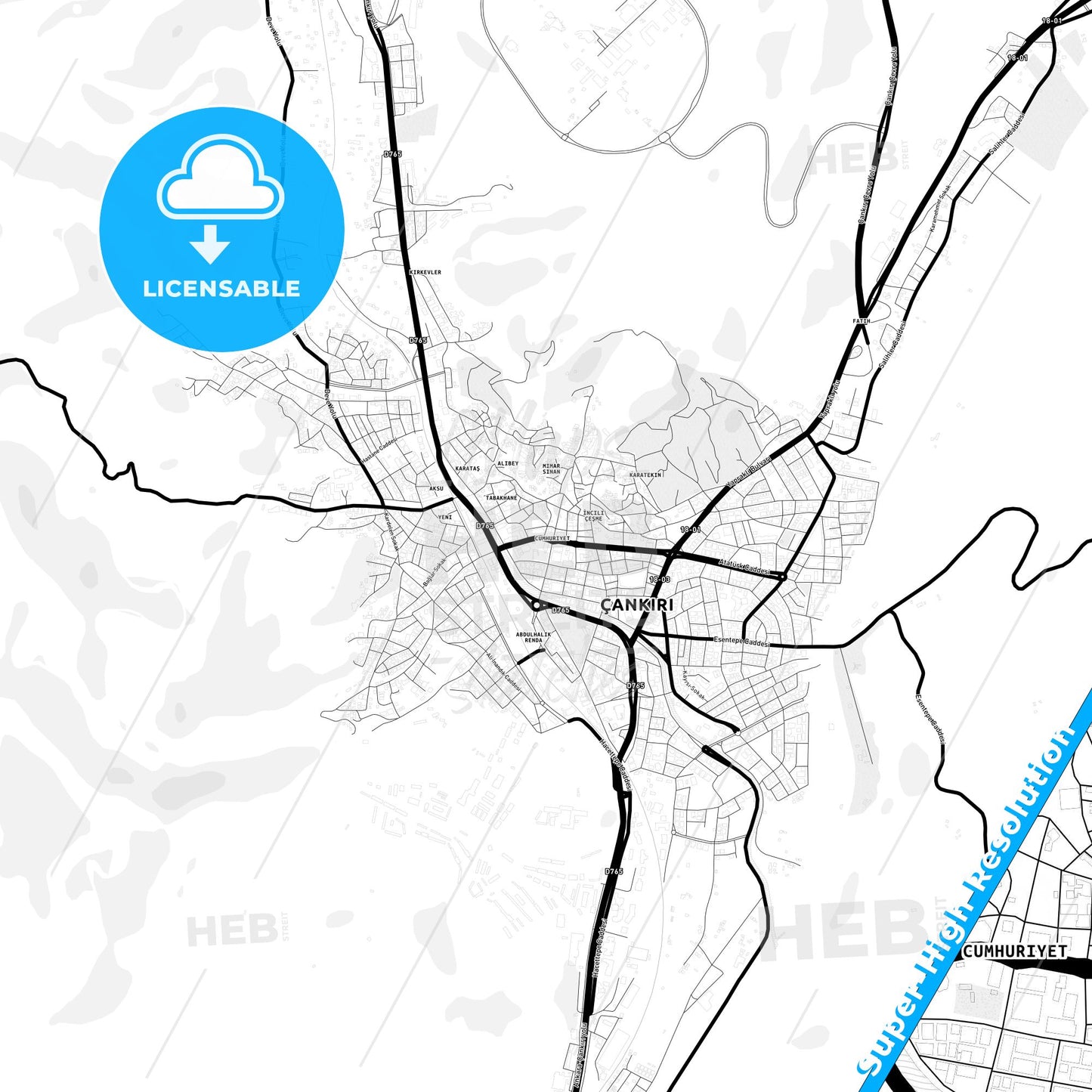 Çankırı, Turkey Light Map with Street Names, City Names, and Districts