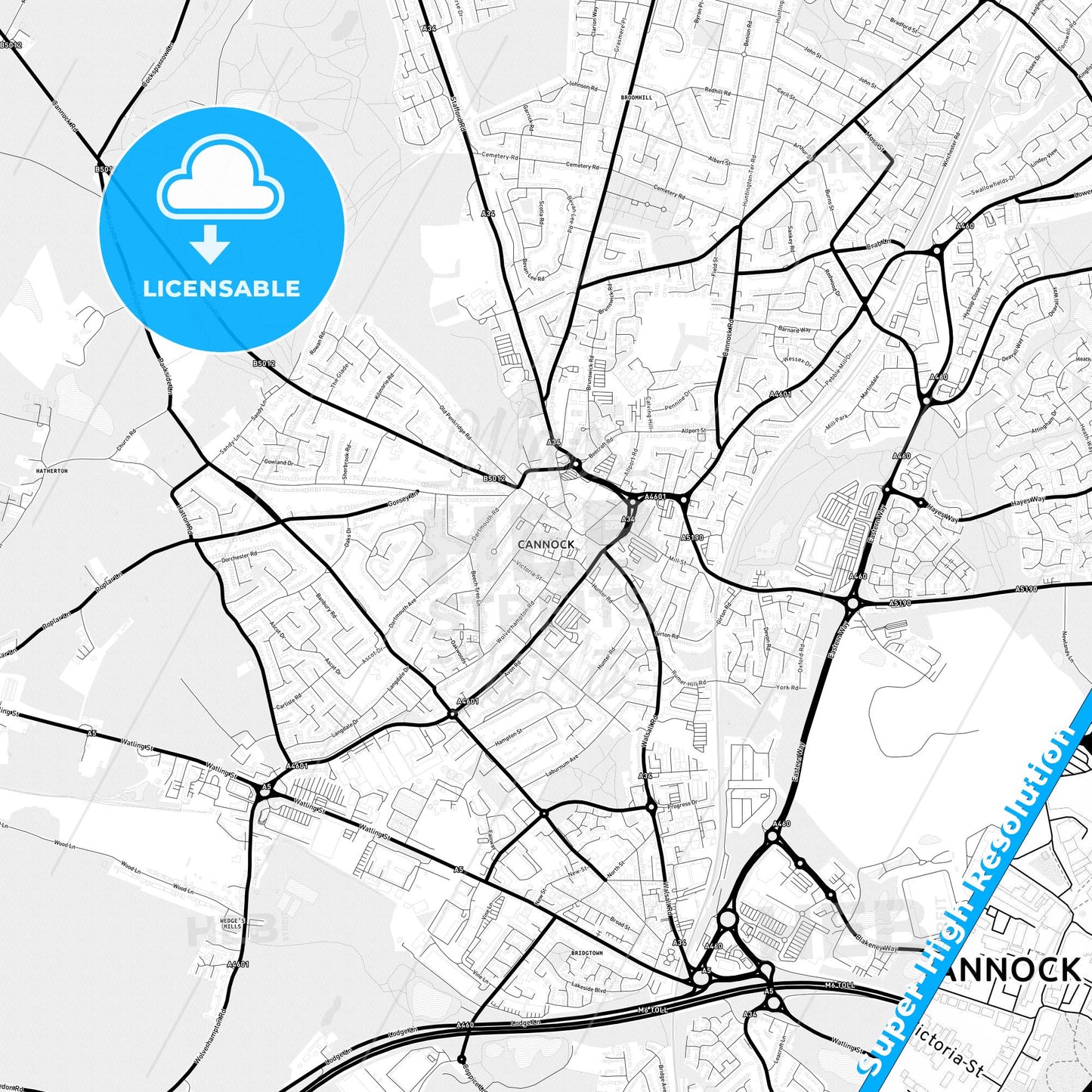 Cannock, England Light Map with Street Names, City Names, and Districts