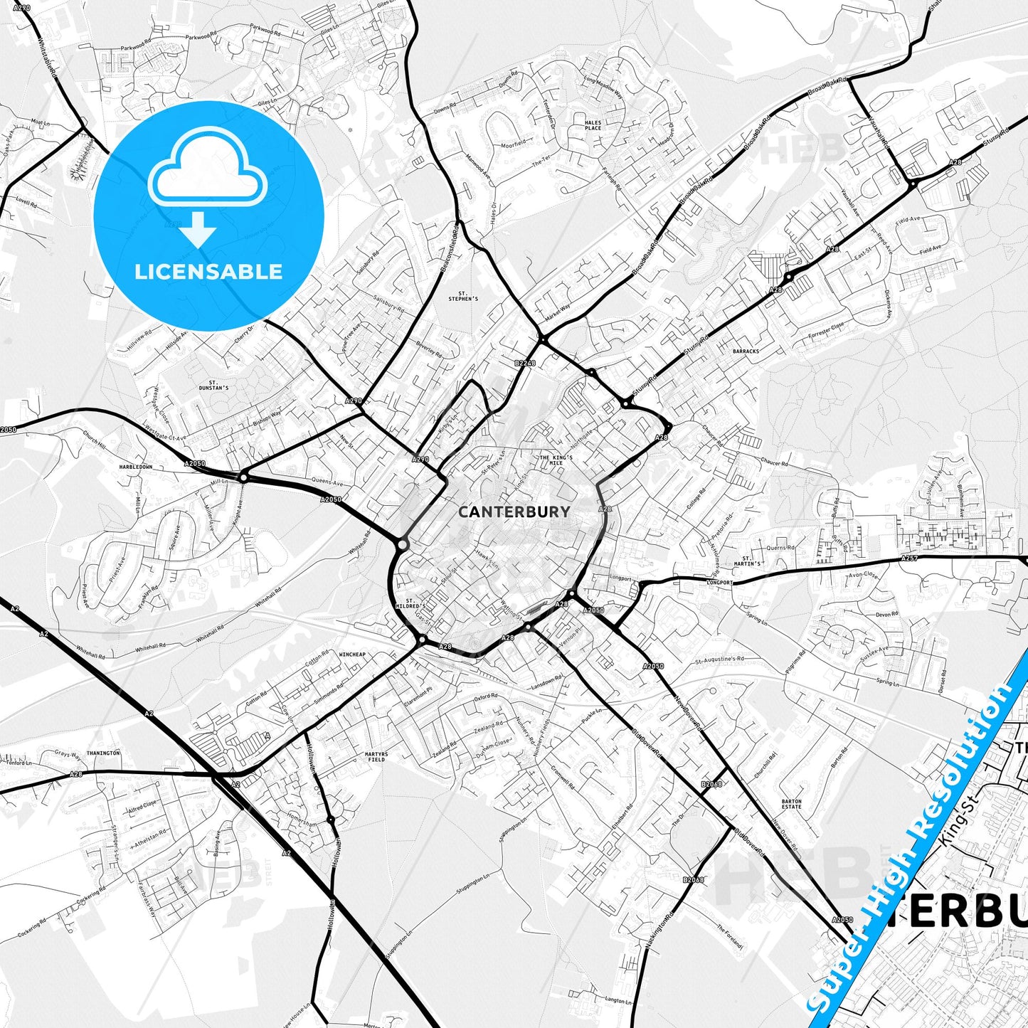 Canterbury, England Light Map with Street Names, City Names, and Districts