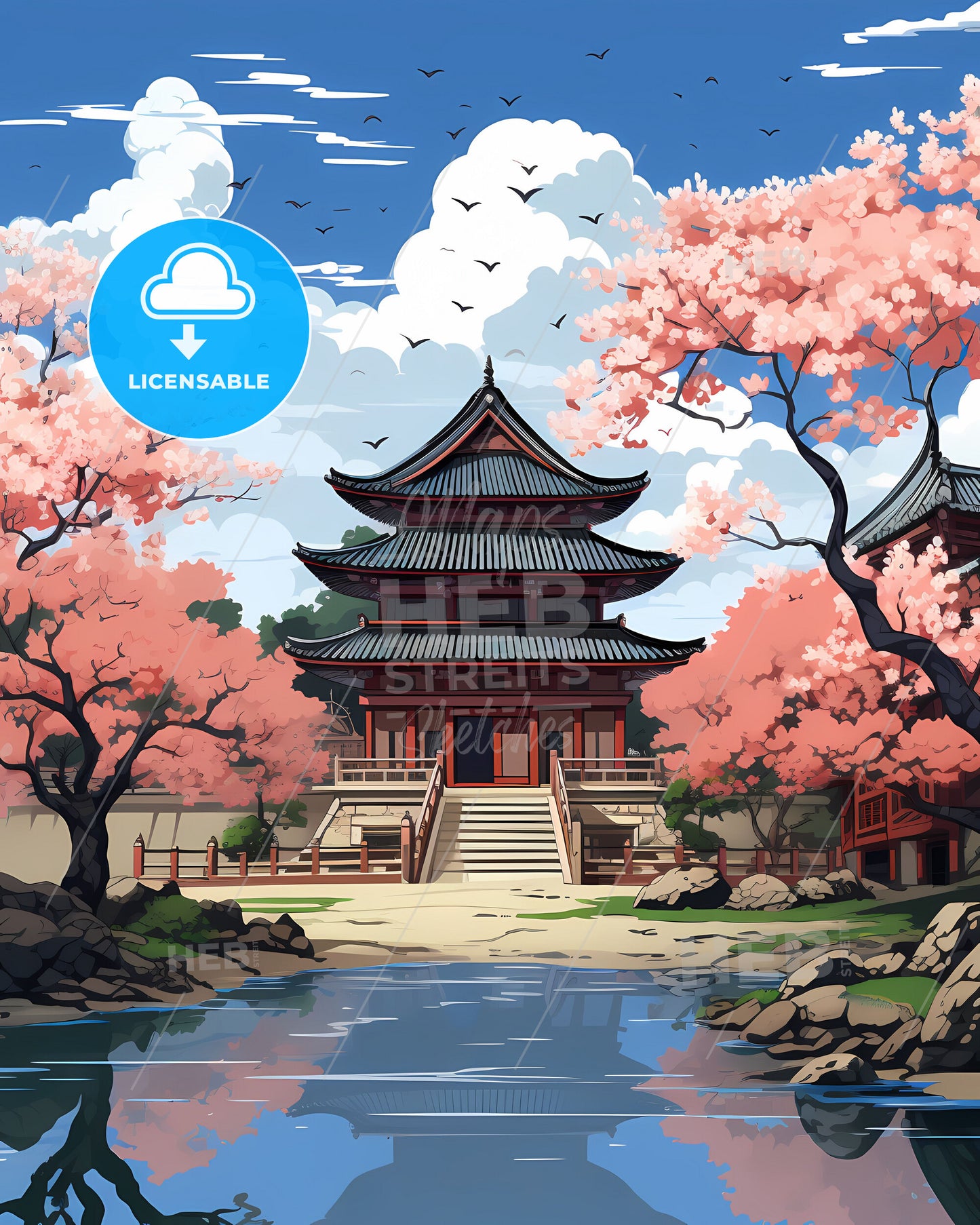 Cantho Vietnam Skyline Asian Cityscape Painting Wall Art Pond Flowers Buildings