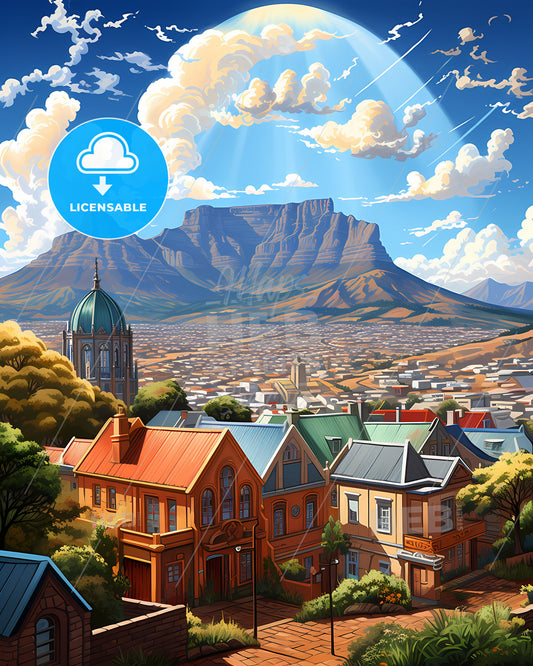 Vibrant Cape Town Skyline Painting: A Colorful City with a Majestic Mountain Backdrop