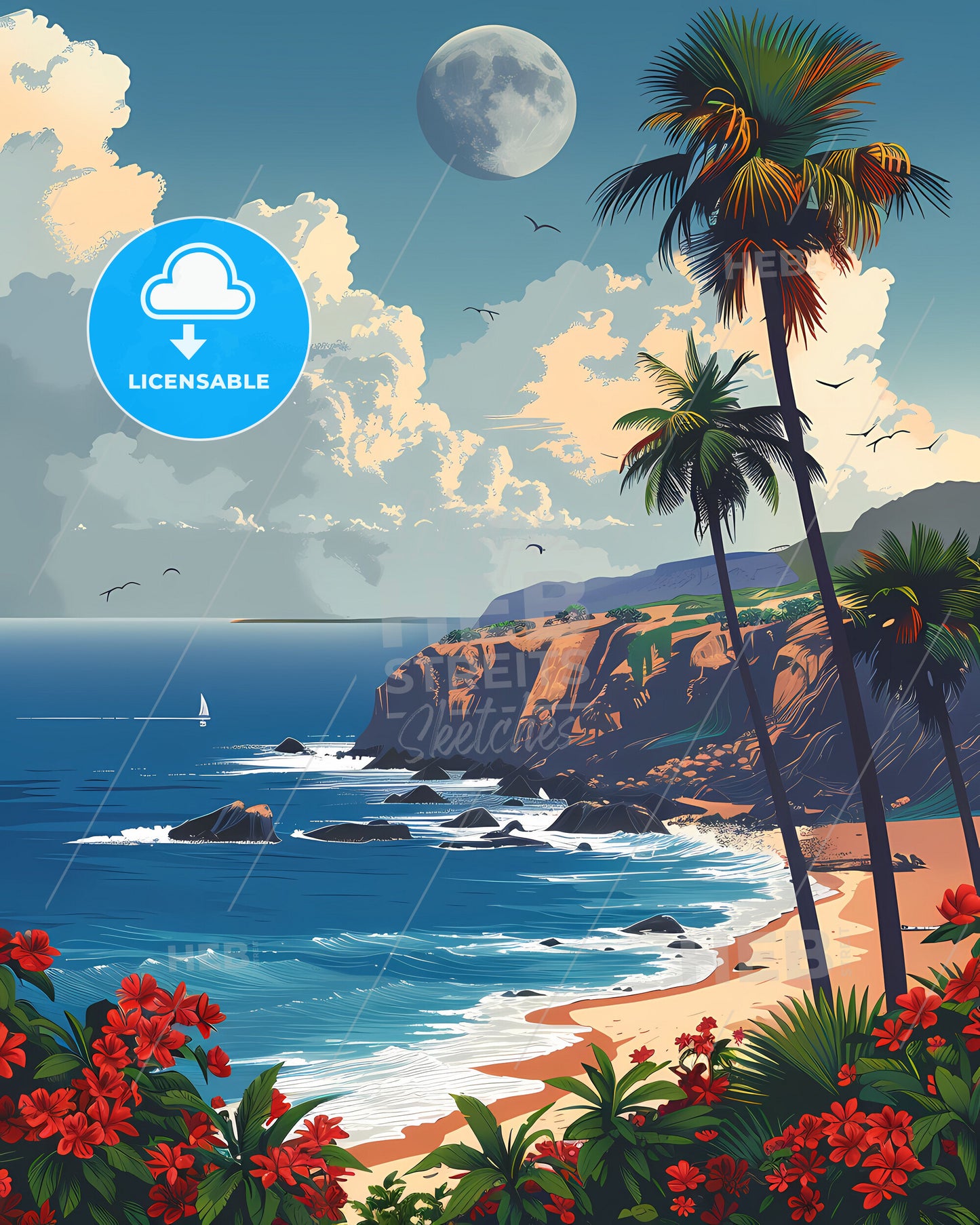 Cape Verde Archipelago, Africa | Artistic Beach Painting with Vibrant Palm Trees, Flowers, Artwork Focus