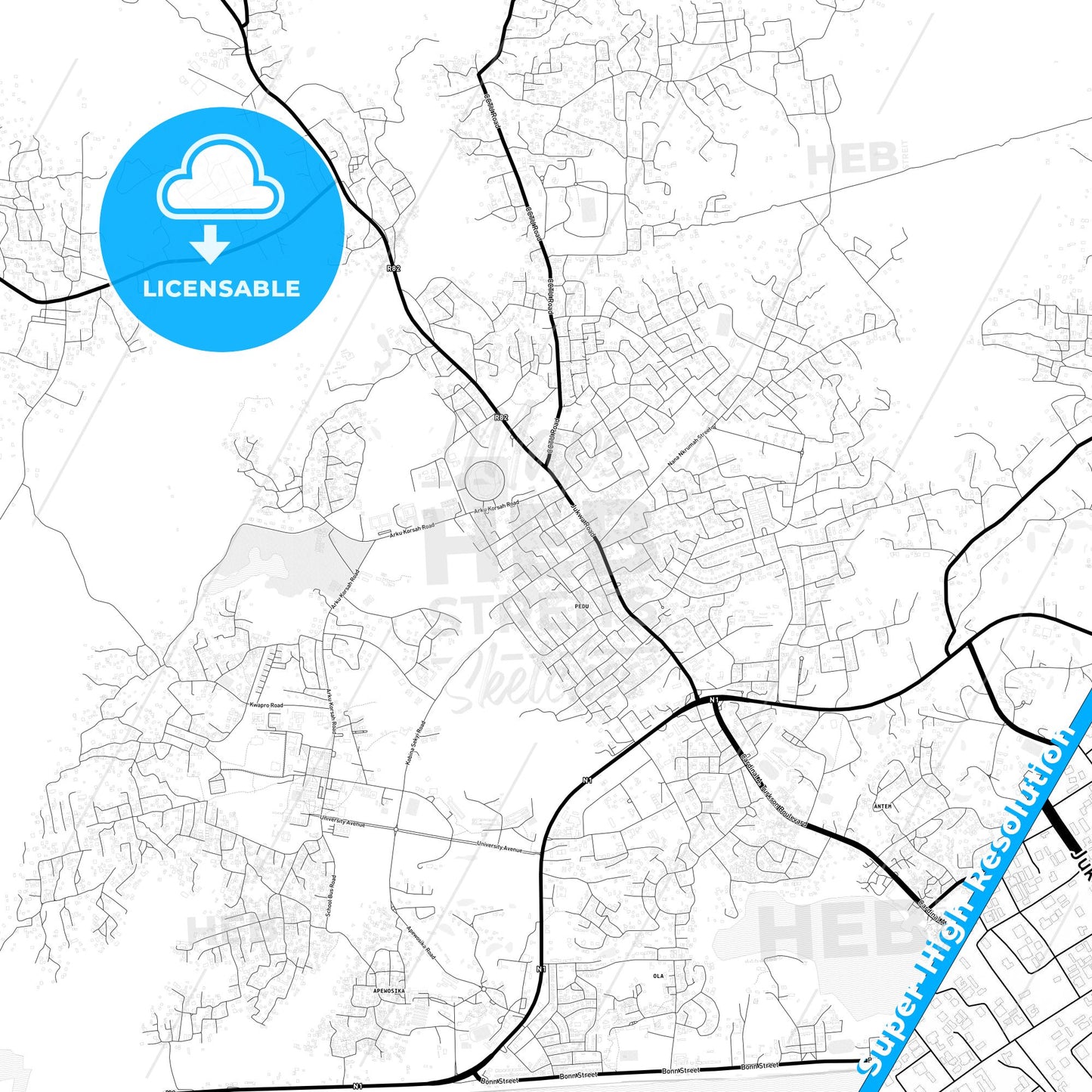 Cape Coast, Ghana Light Map with Street Names, City Names, and Districts