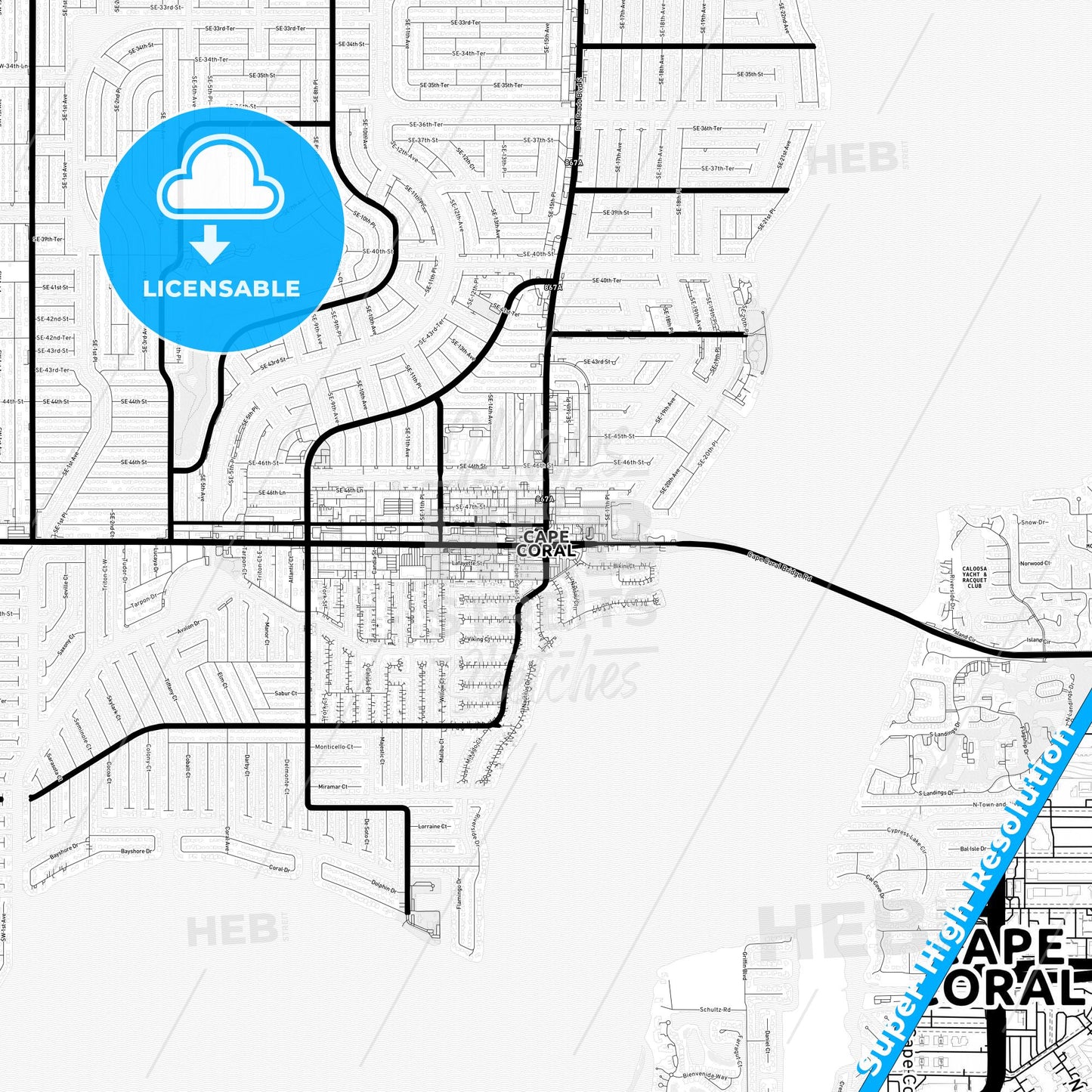 Cape Coral, Florida Light Map with Street Names, City Names, and Districts