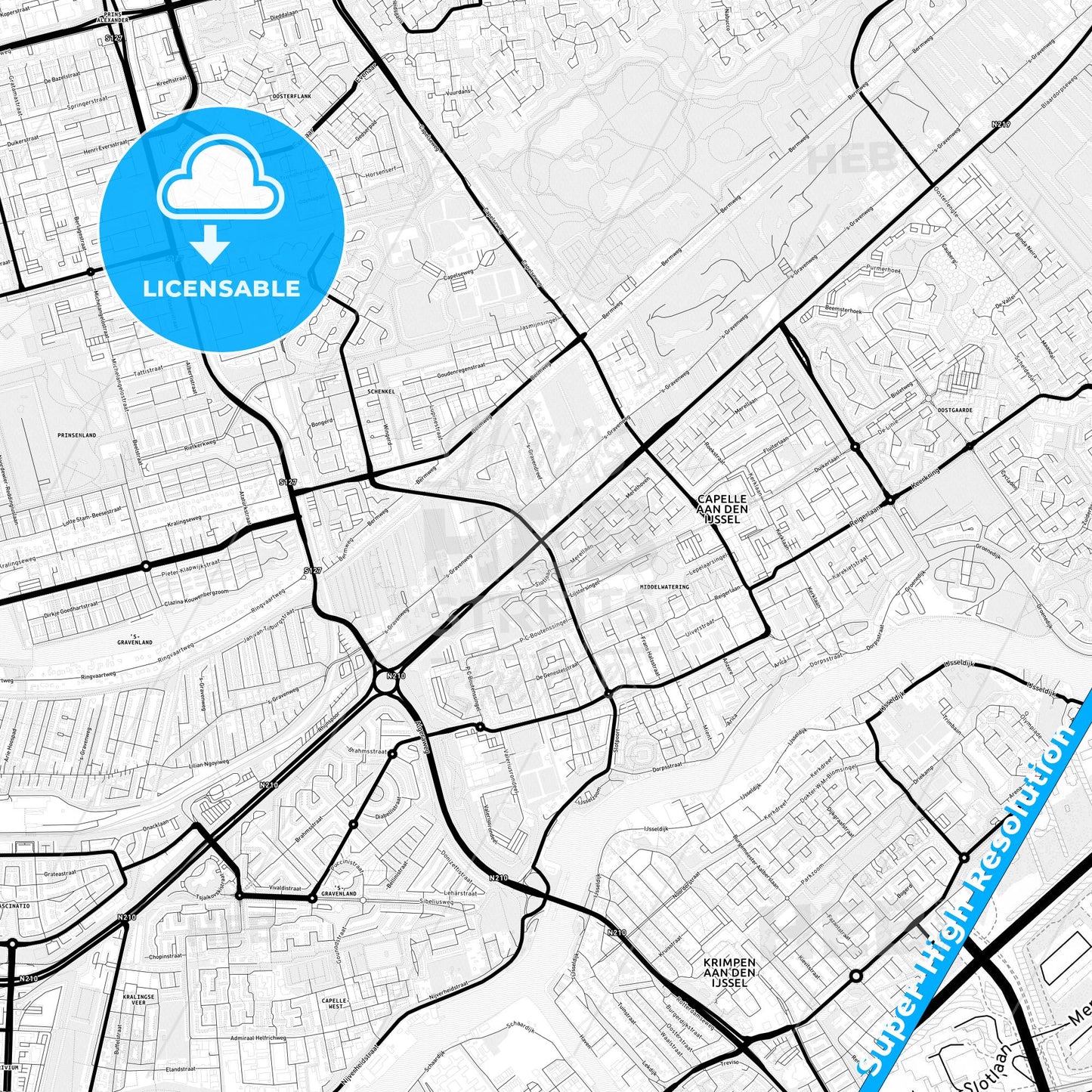Capelle aan den IJssel, Netherlands Light Map with Street Names, City Names, and Districts