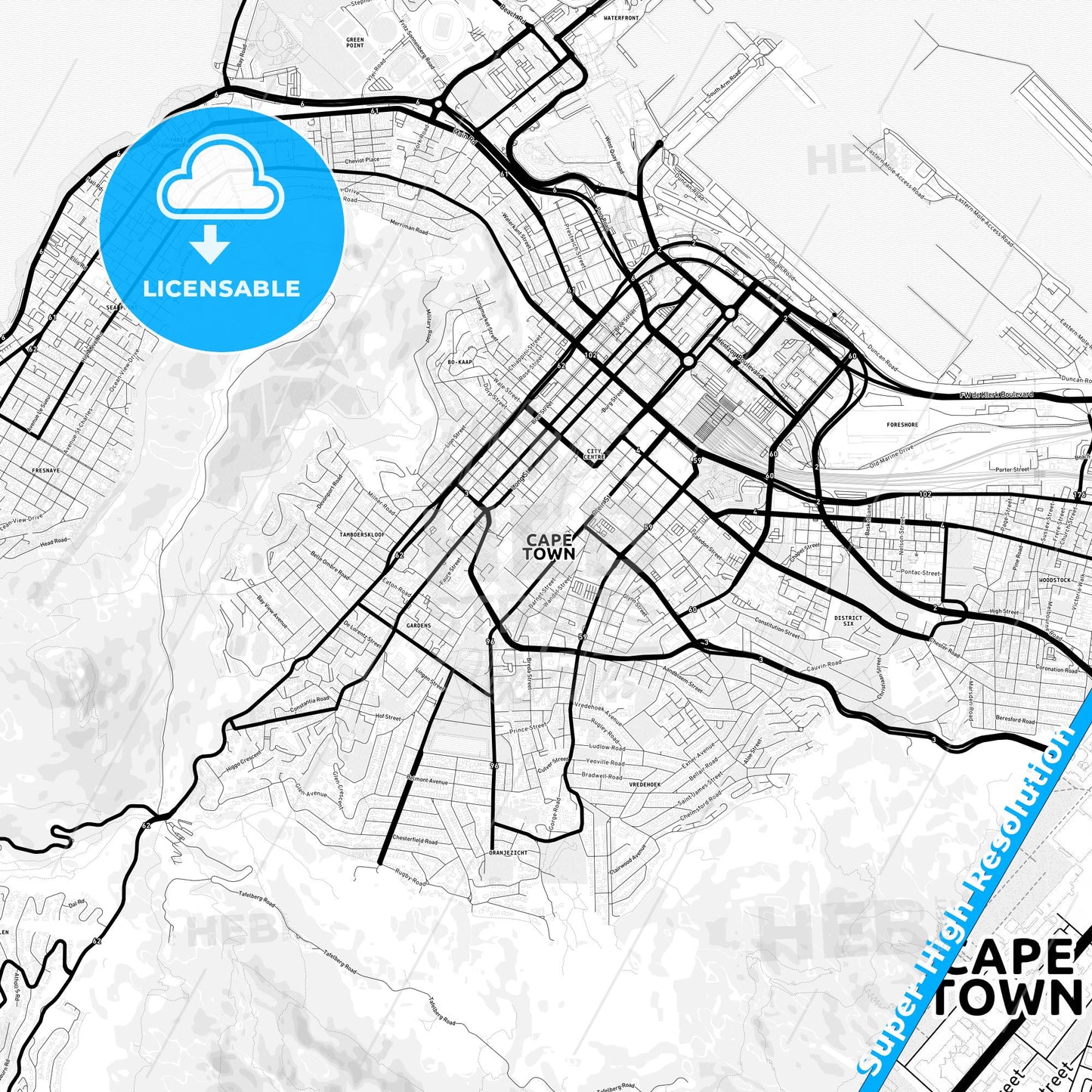 Cape Town, South Africa Light Map with Street Names, City Names, and Districts