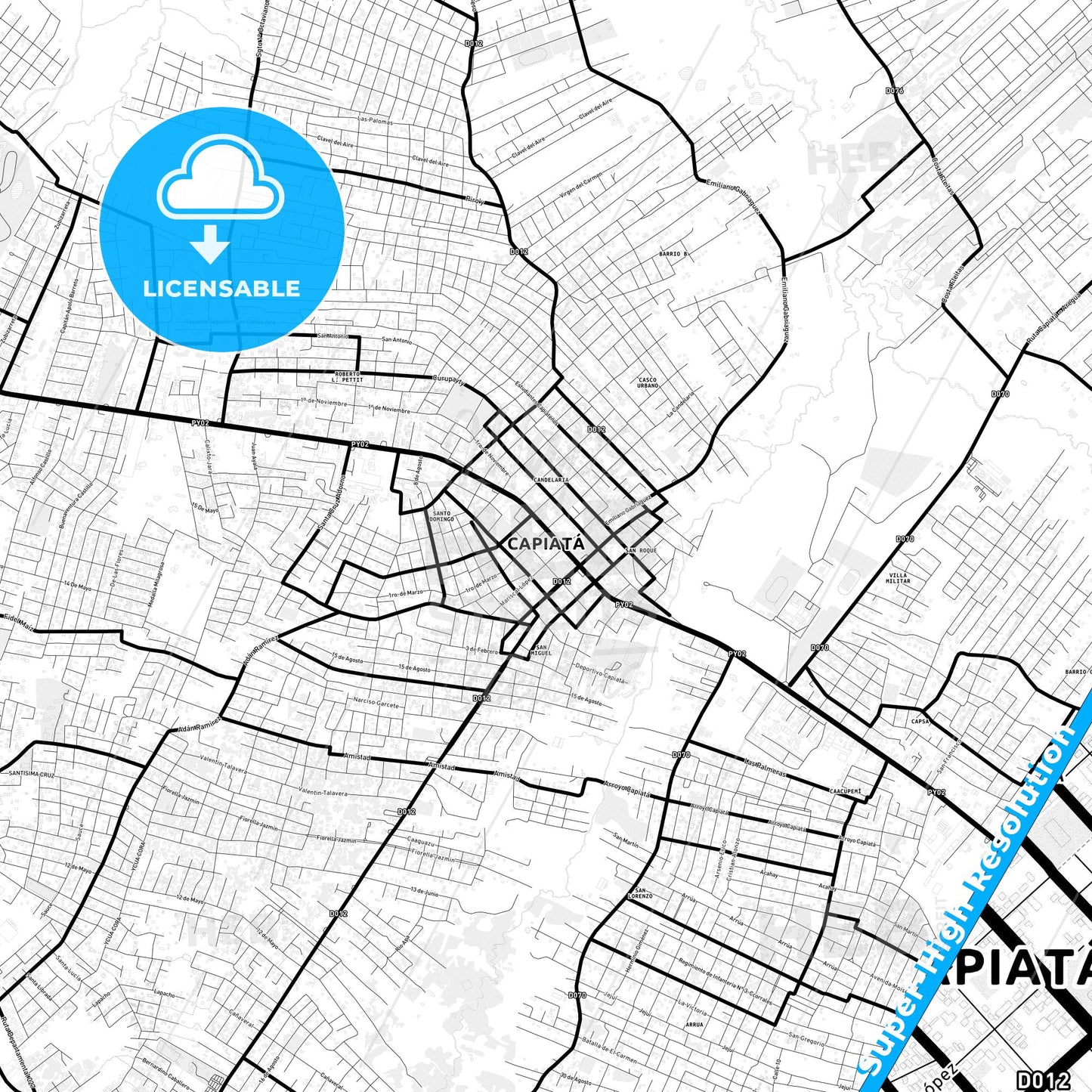 Capiata, Paraguay Light Map with Street Names, City Names, and Districts