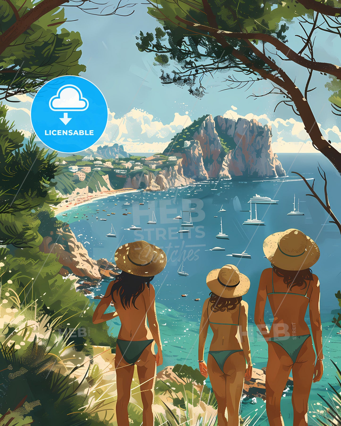 Capri Sorrento Italy Women looking at water Watercolor vibrant painting Art