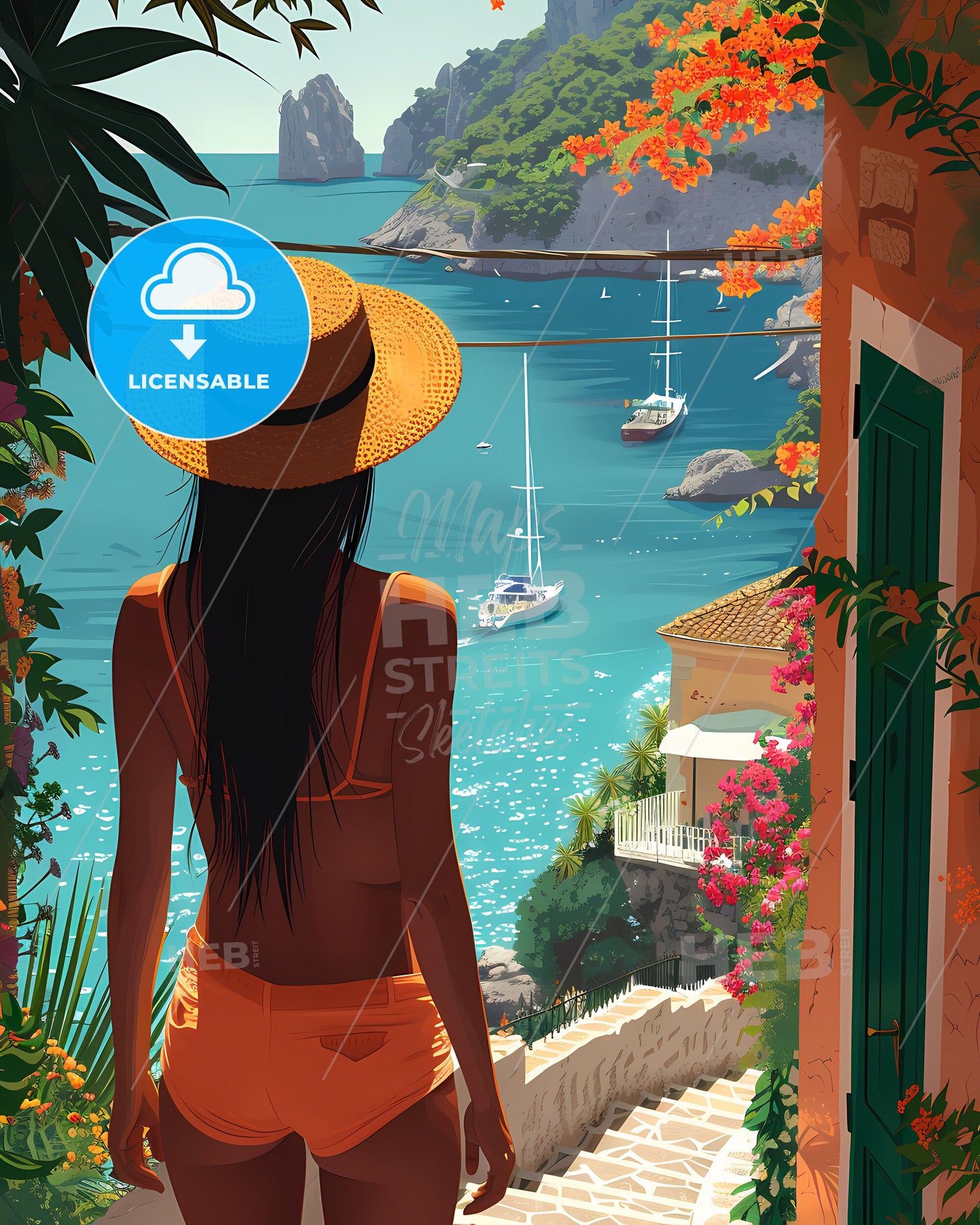 Capri, Sorrento Watercolor Painting: Tranquil Seaside Landscape with Woman Gazing at Ocean