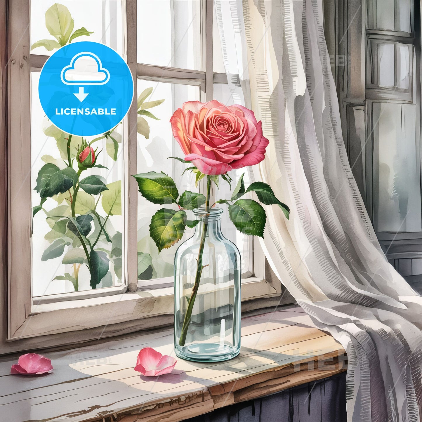 Captivating Pink Rose in Sunlit Glass: Elegant Watercolor on Weathered Windowsill