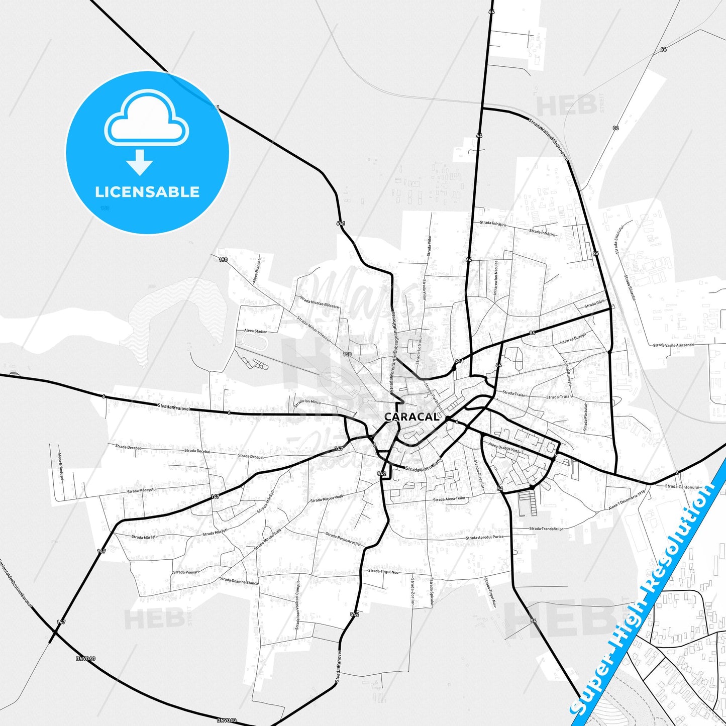 Caracal, Romania Light Map with Street Names, City Names, and Districts