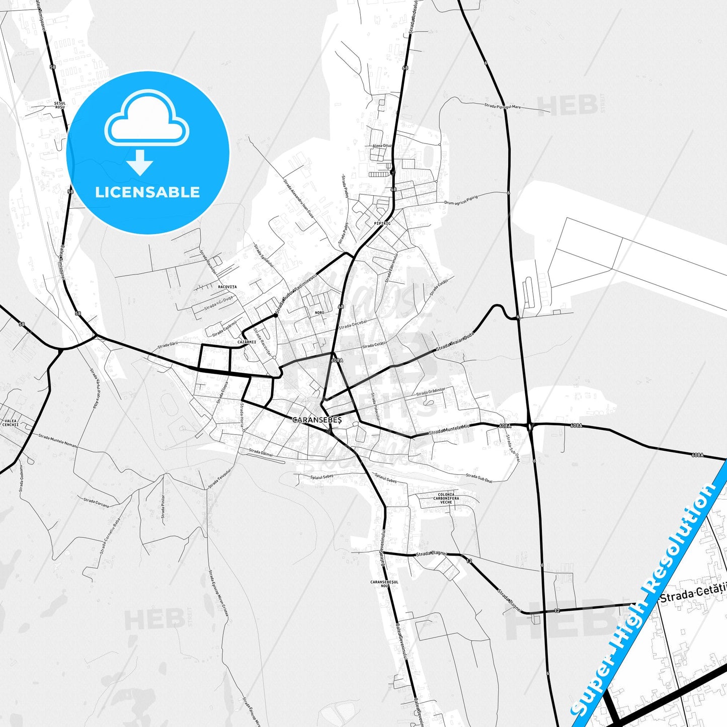 Caransebeș, Romania Light Map with Street Names, City Names, and Districts