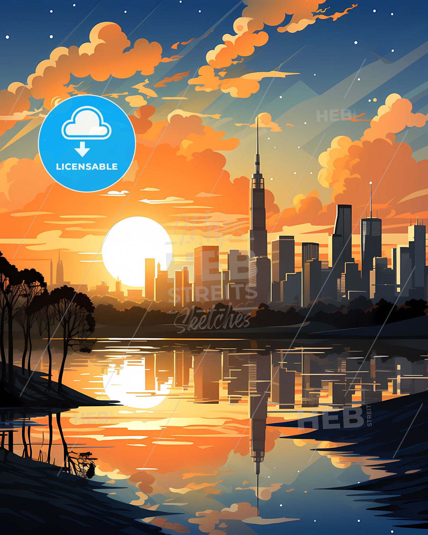 Vibrant Carapicuiba Brazil City Skyline Sunset Painting Urban Art Highrise Buildings