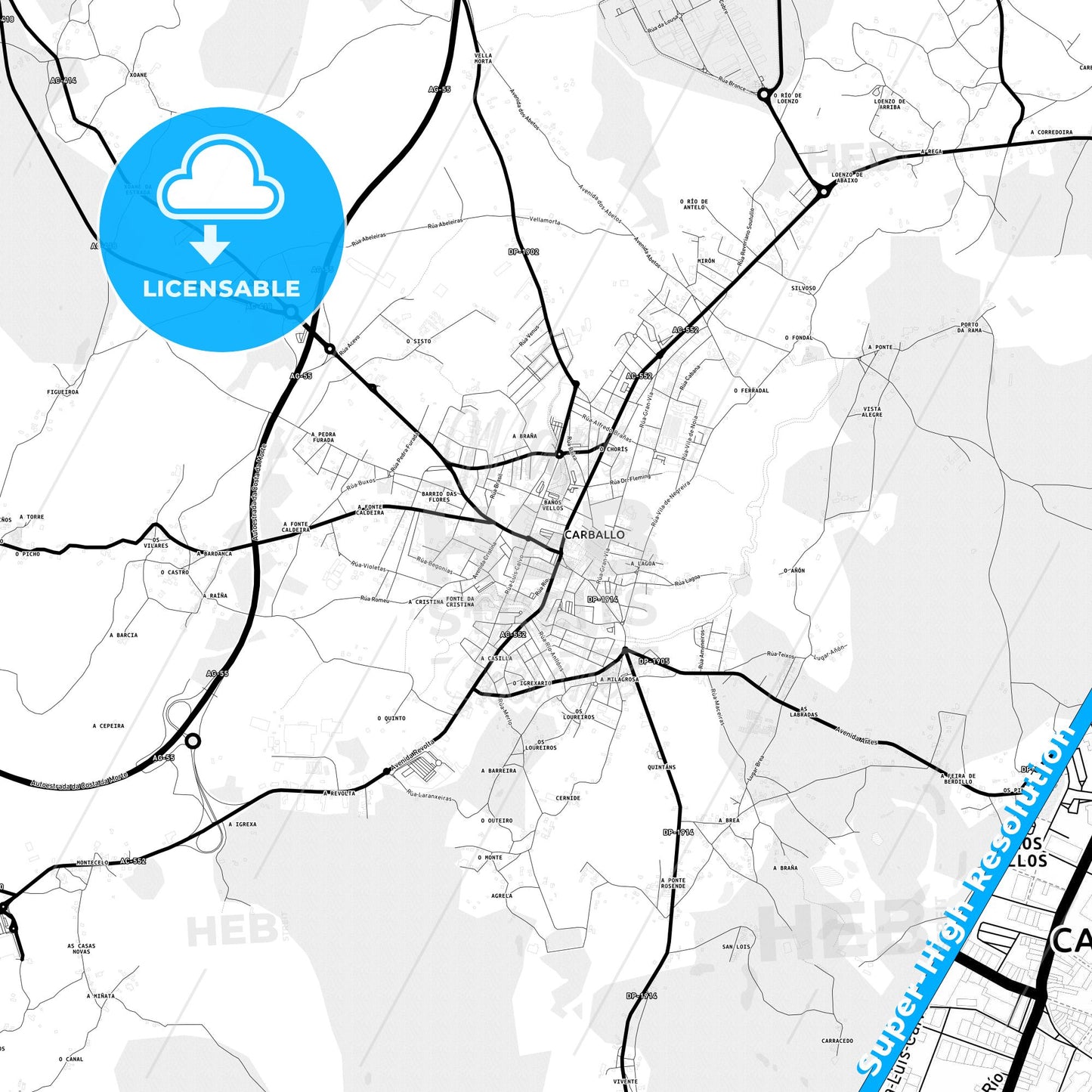 Carballo, Spain Light Map with Street Names, City Names, and Districts