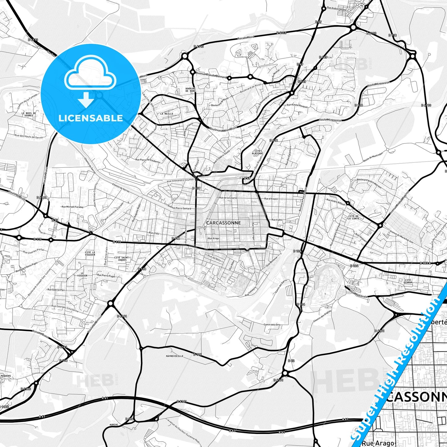 Carcassonne, France Light Map with Street Names, City Names, and Districts
