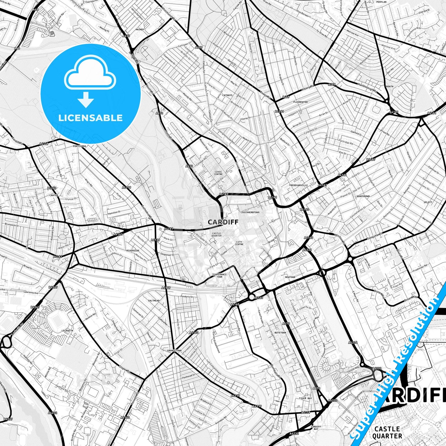 Cardiff, Wales Light Map with Street Names, City Names, and Districts