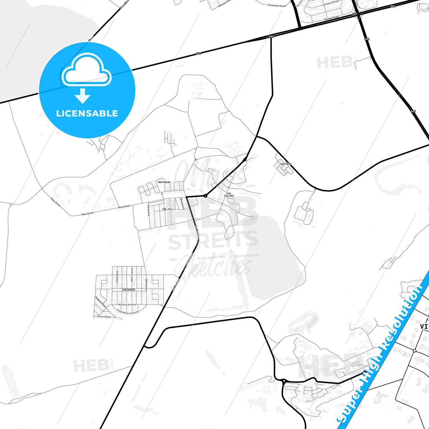 Carletonville, South Africa Light Map with Street Names, City Names, and Districts