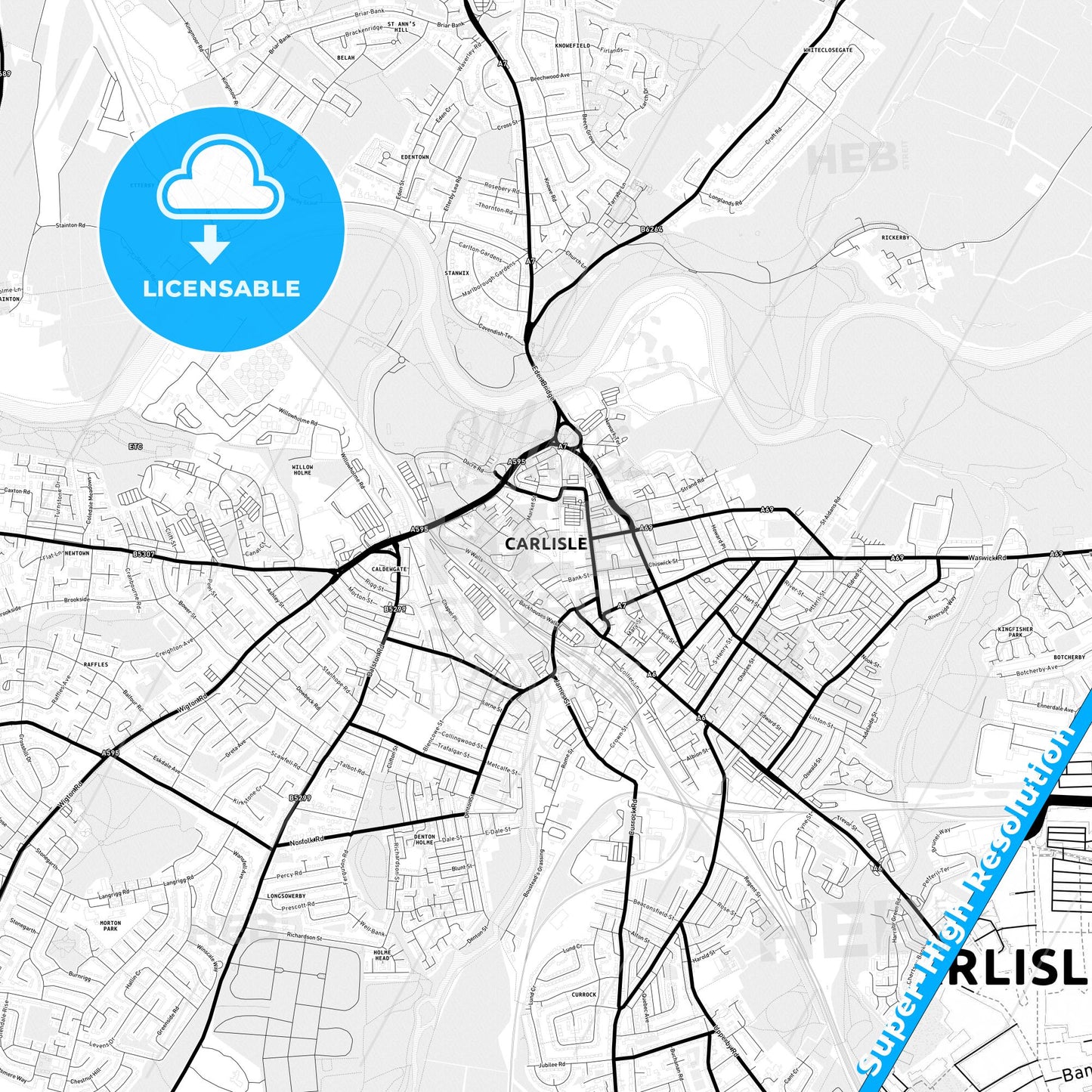 Carlisle, England Light Map with Street Names, City Names, and Districts