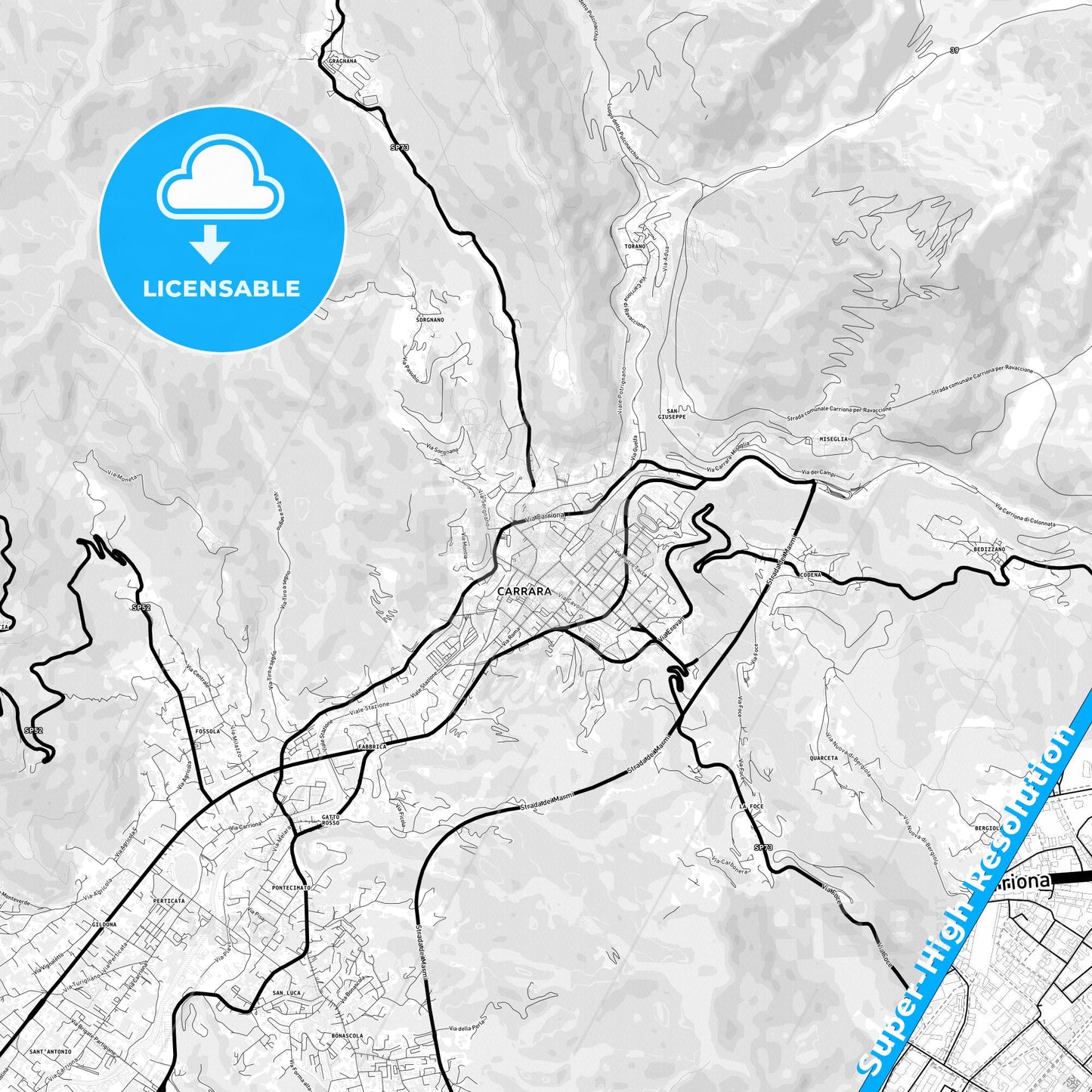 Carrara, Italy Light Map with Street Names, City Names, and Districts