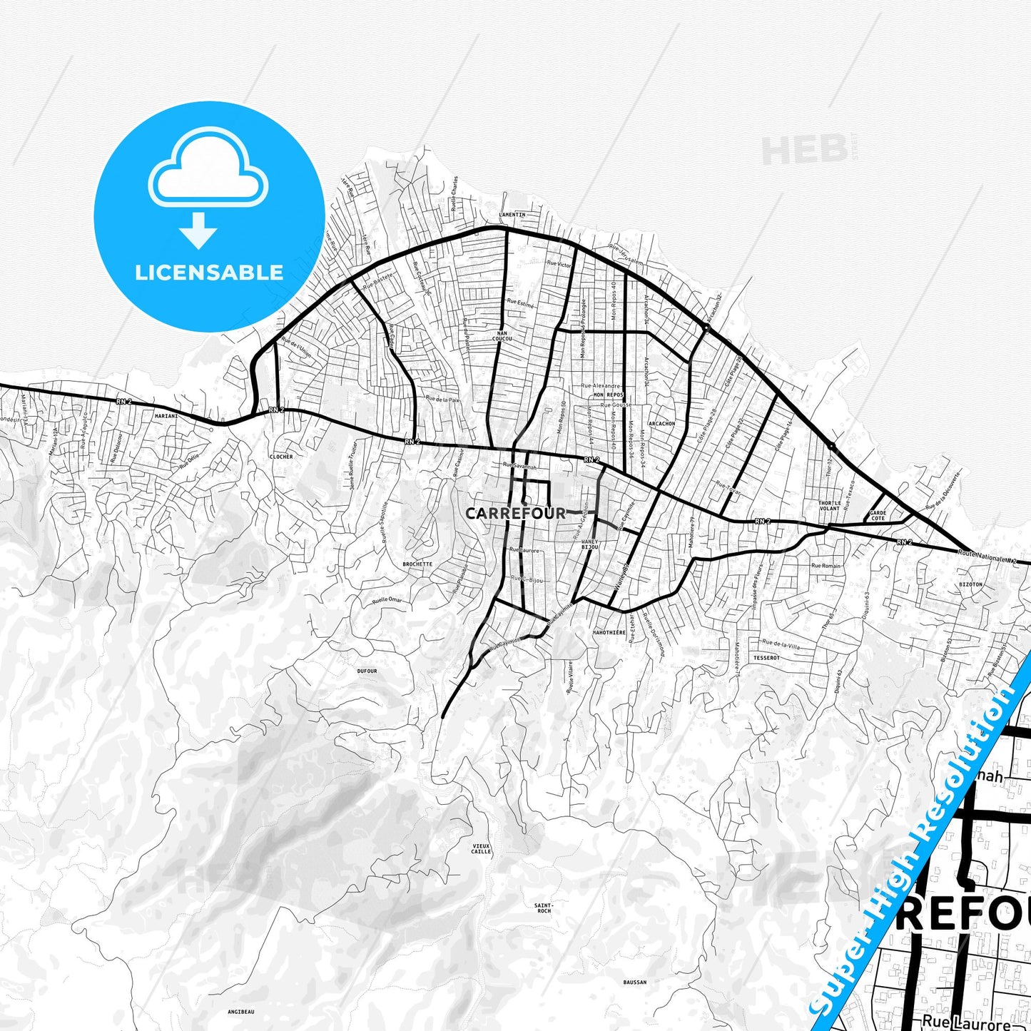 Carrefour, Haiti Light Map with Street Names, City Names, and Districts