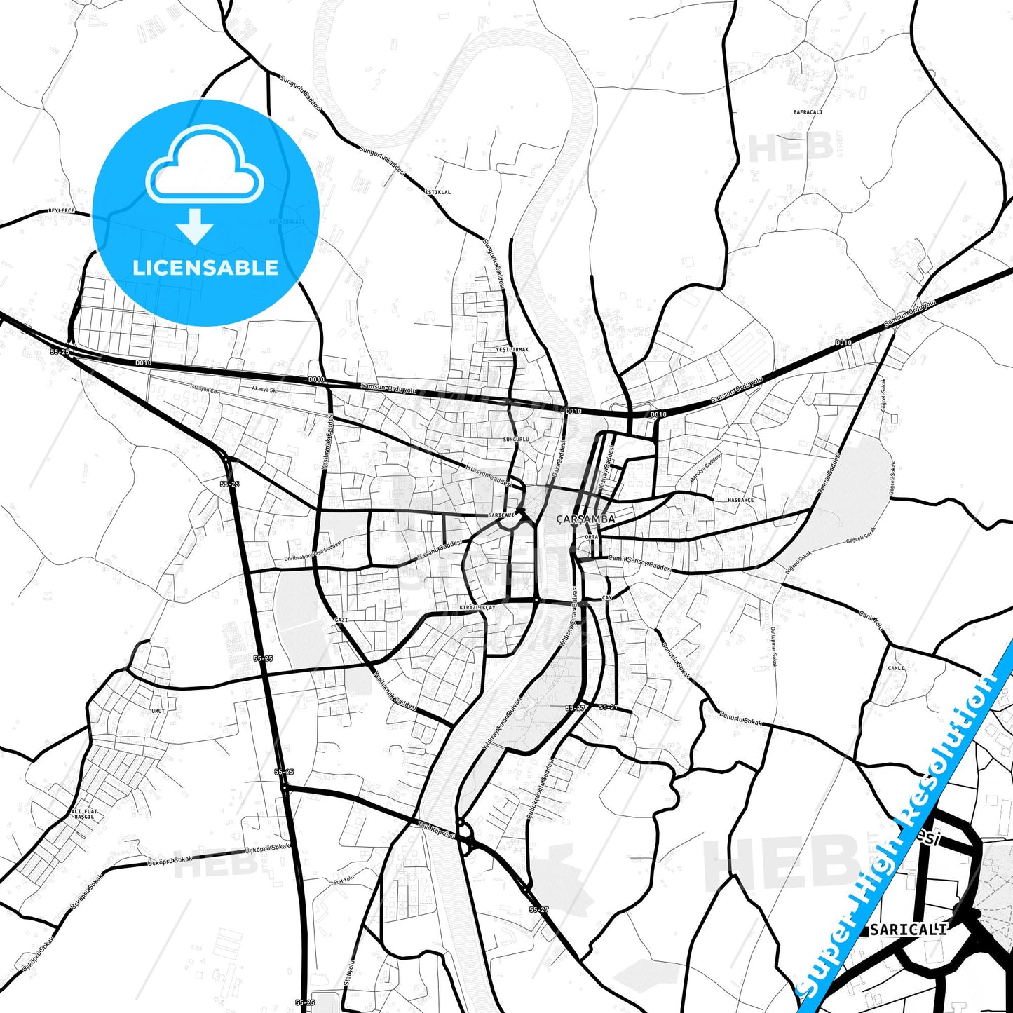 Çarşamba, Turkey Light Map with Street Names, City Names, and Districts