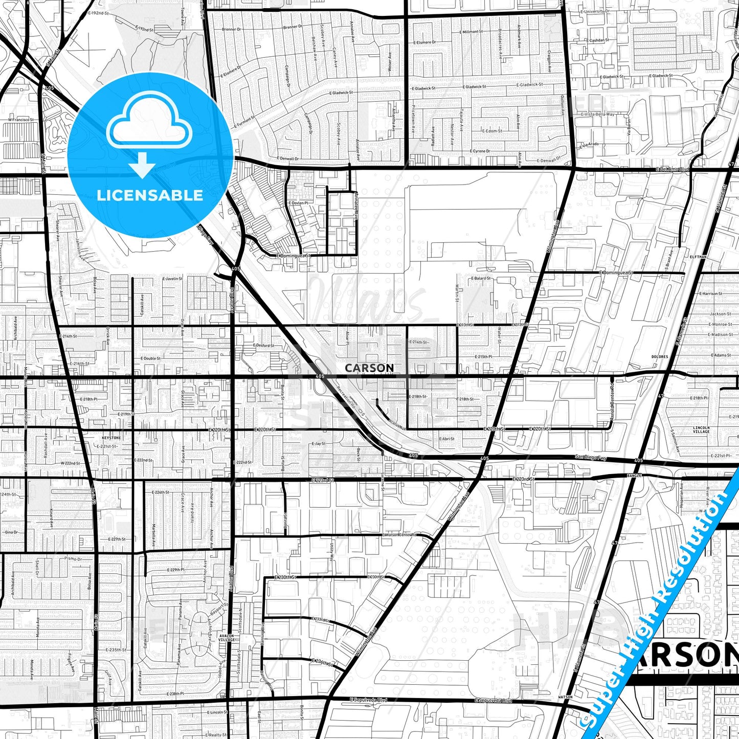 Carson, California Light Map with Street Names, City Names, and Districts