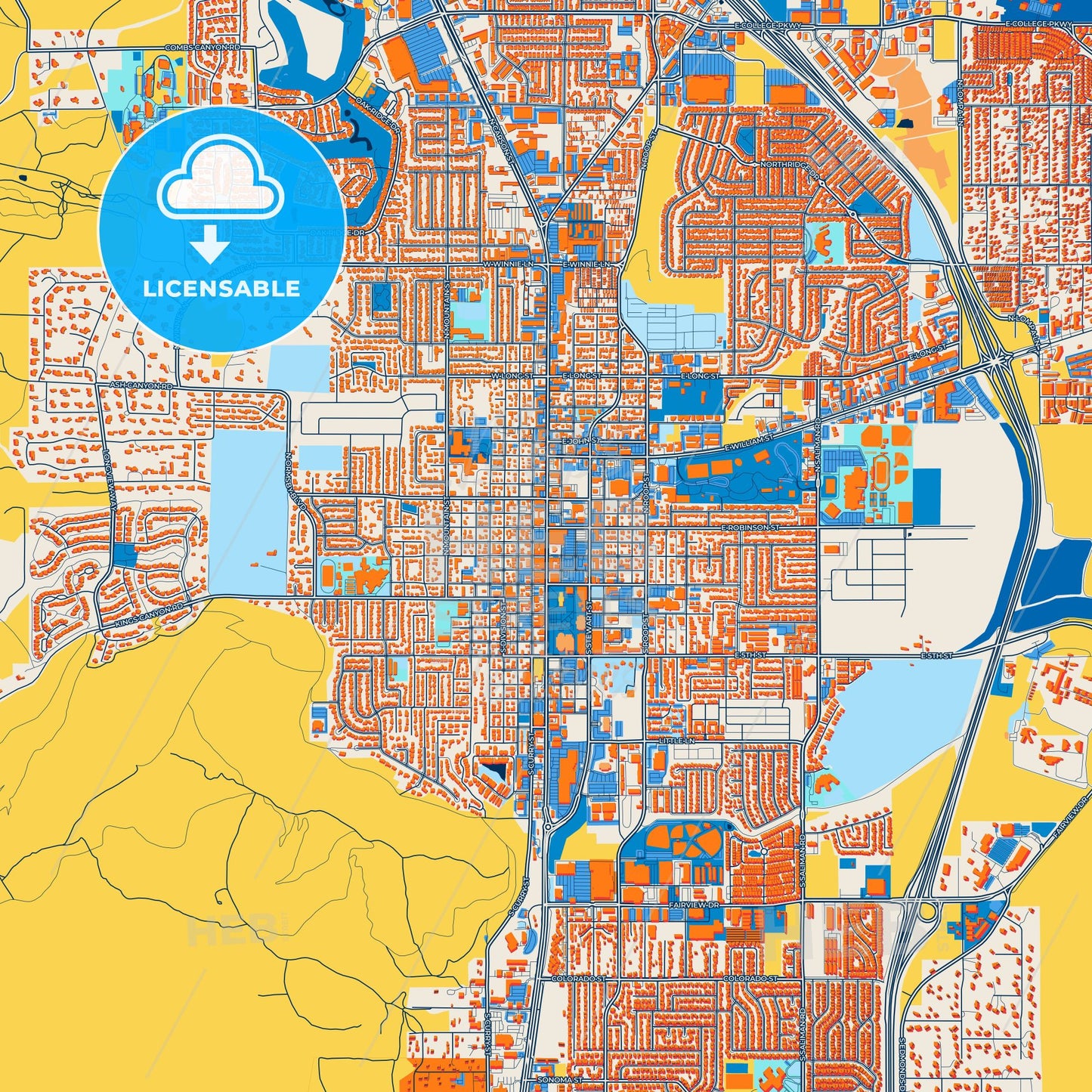Colorful Carson City Street Map with Labels and Buildings