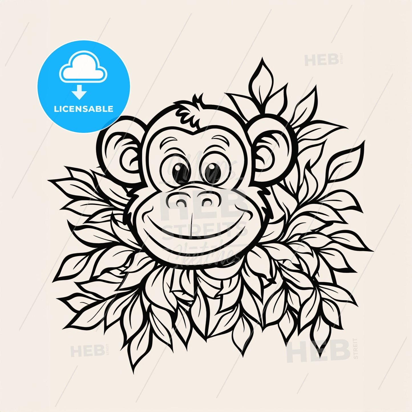 Cartoon Of A <A Happy Monkey Peeking Out From Behind A Bush> - A Monkey Head With Leaves