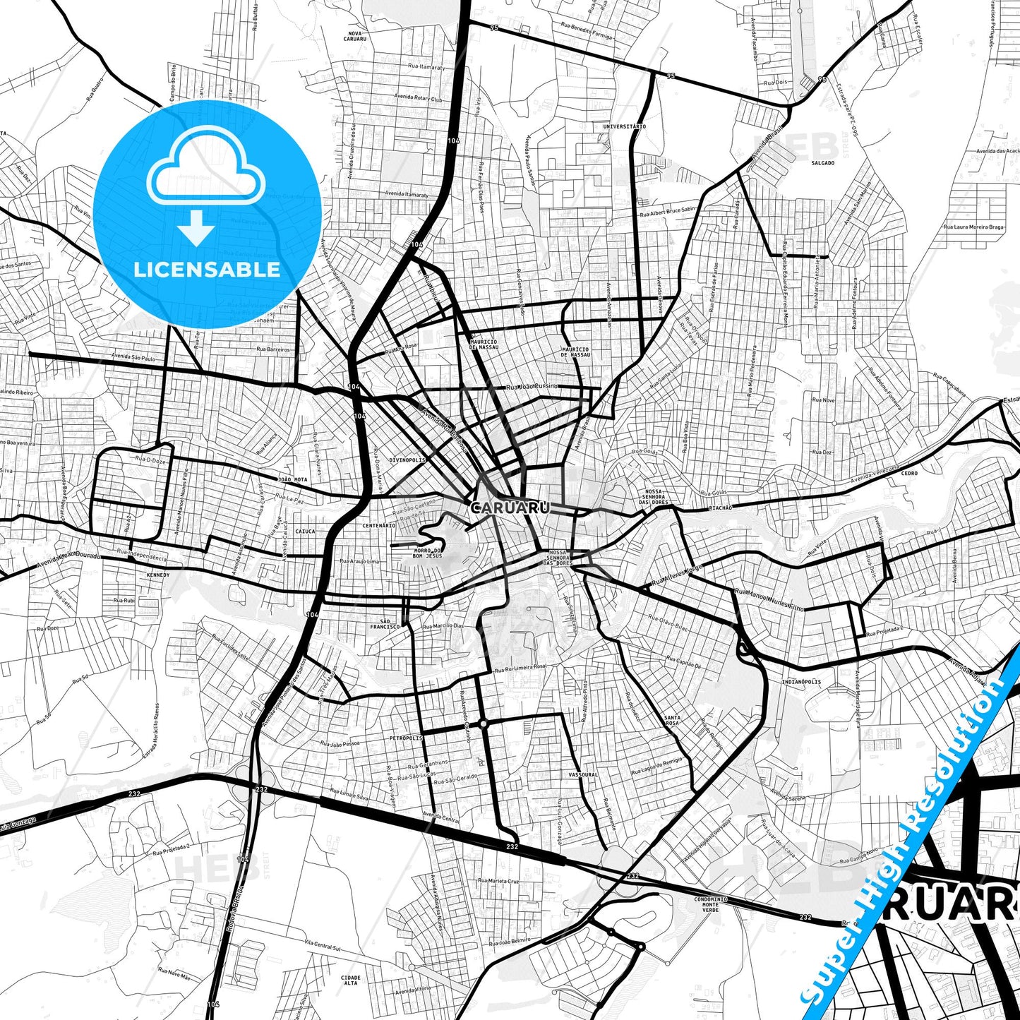 Caruaru, Brazil Light Map with Street Names, City Names, and Districts