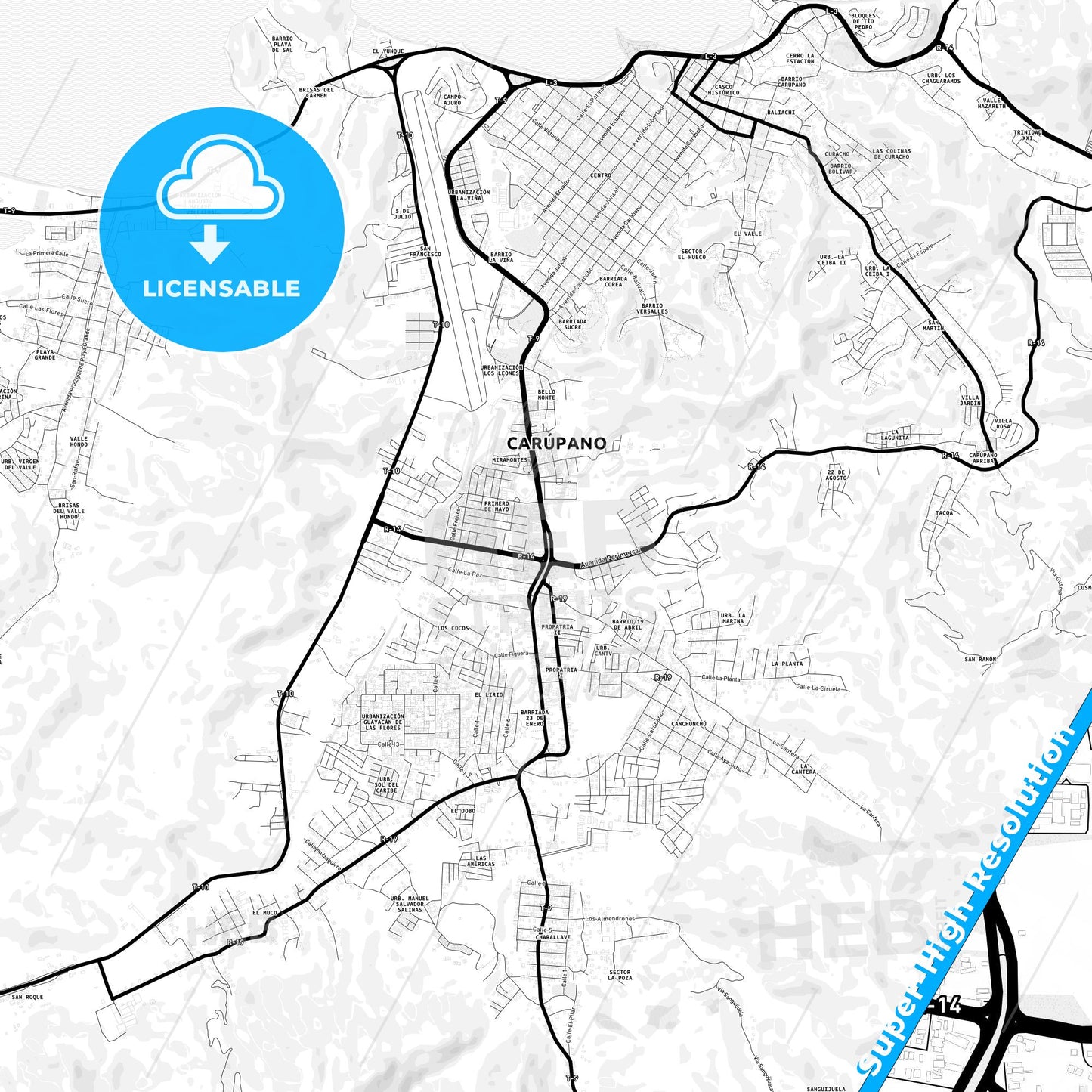 Carupano, Venezuela Light Map with Street Names, City Names, and Districts