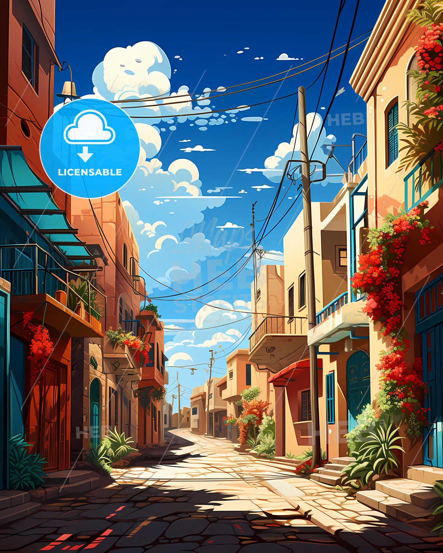 Casablanca Skyline Urban Art Painting Vertical Morocco Travel Destination Buildings Plants Street