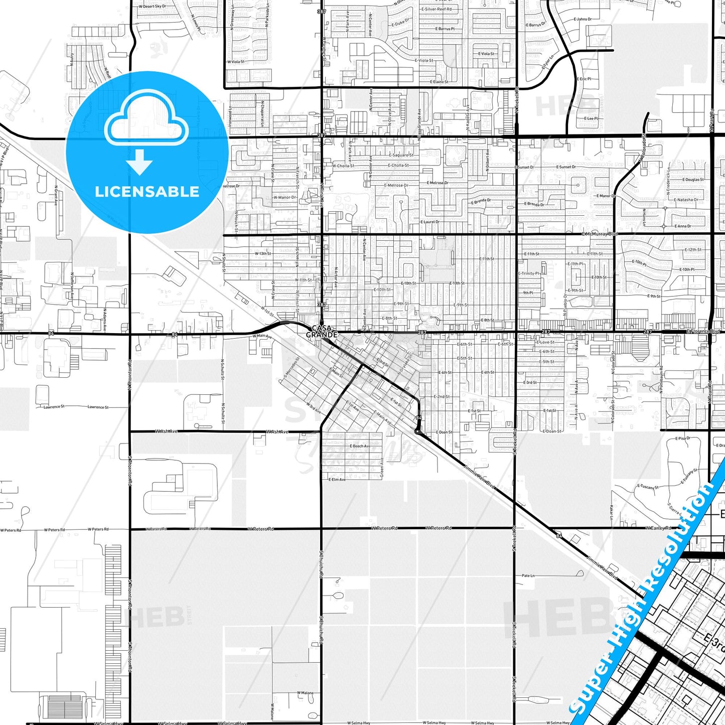 Casa Grande, Arizona Light Map with Street Names, City Names, and Districts