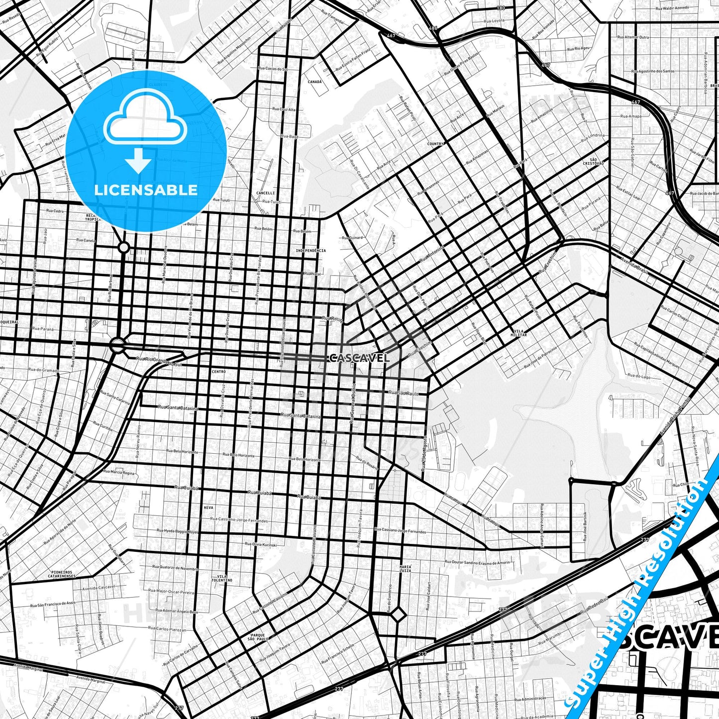 Cascavel, Brazil Light Map with Street Names, City Names, and Districts