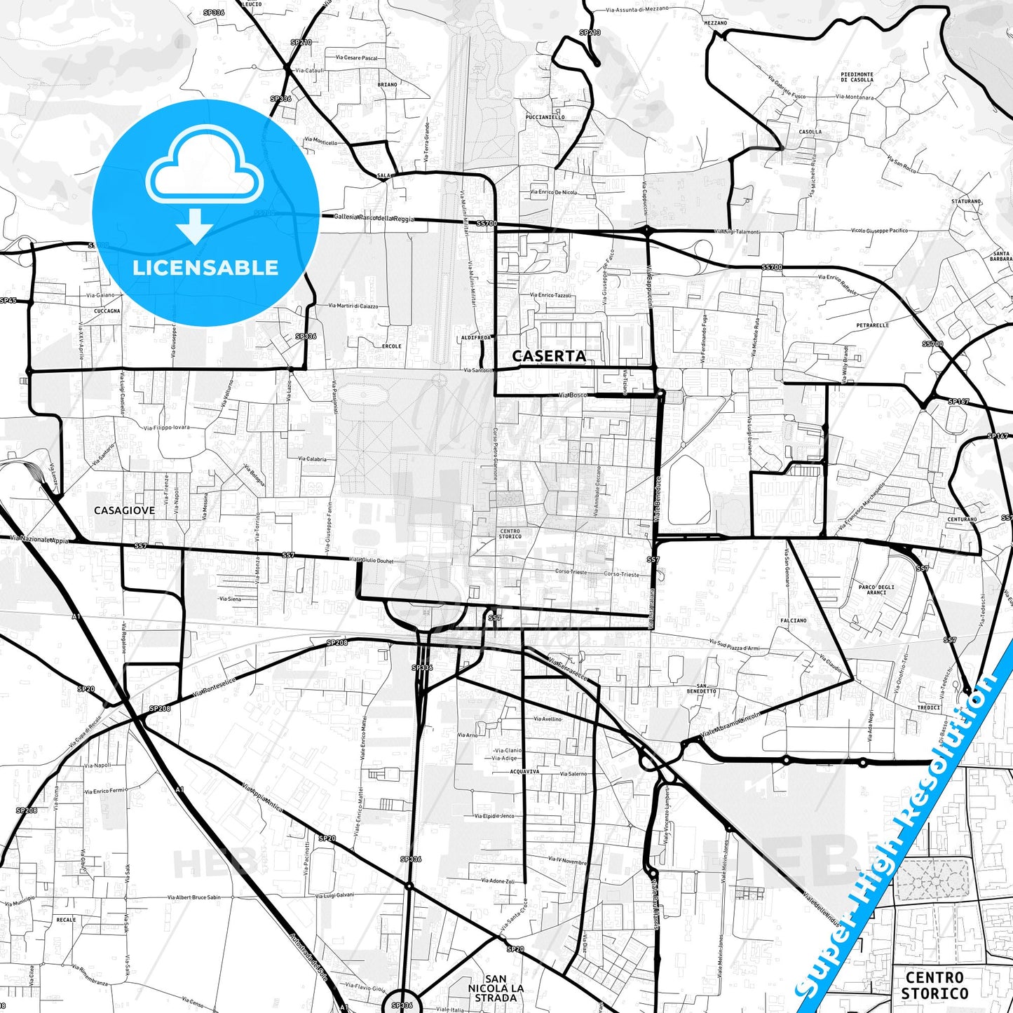Caserta, Italy Light Map with Street Names, City Names, and Districts