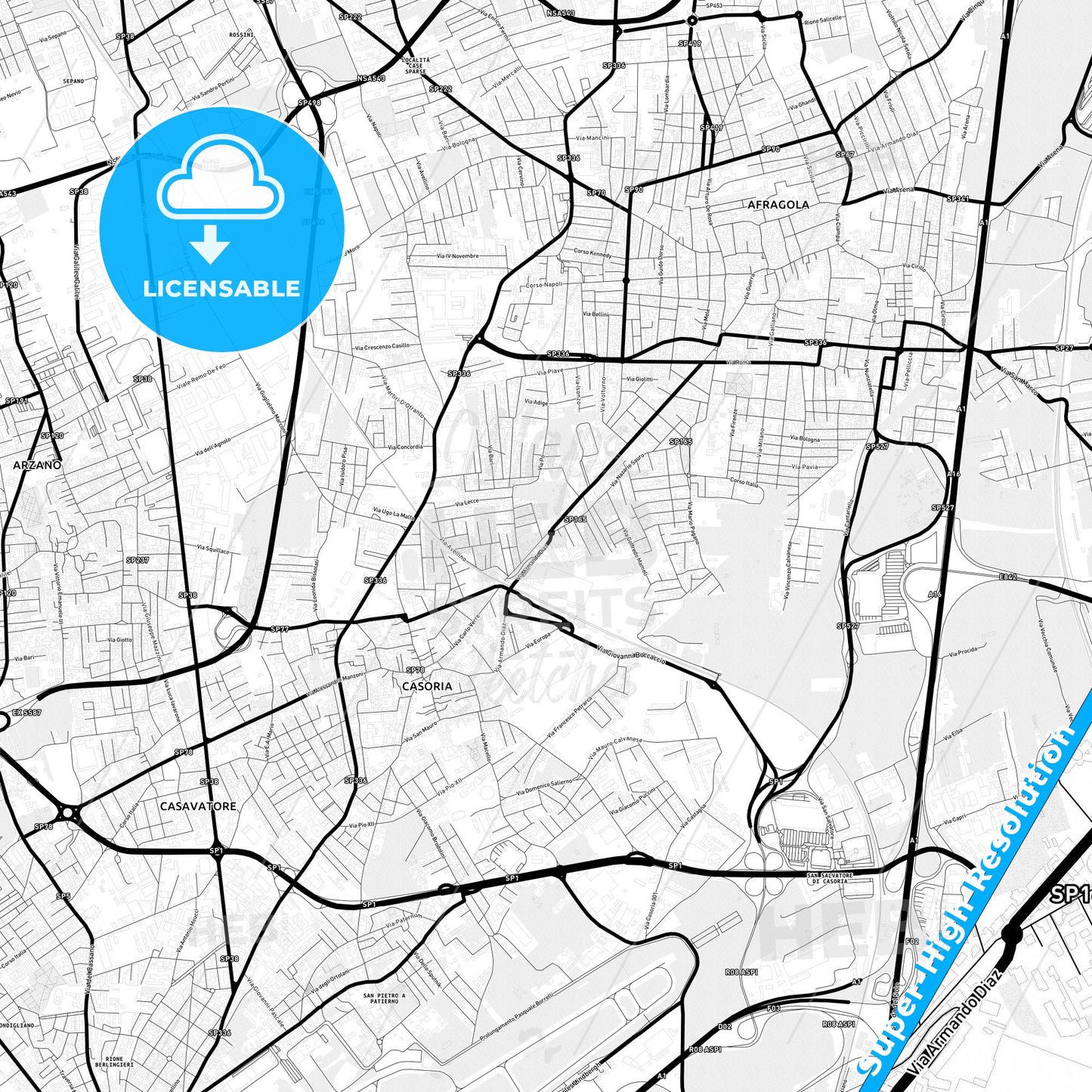 Casoria, Italy Light Map with Street Names, City Names, and Districts