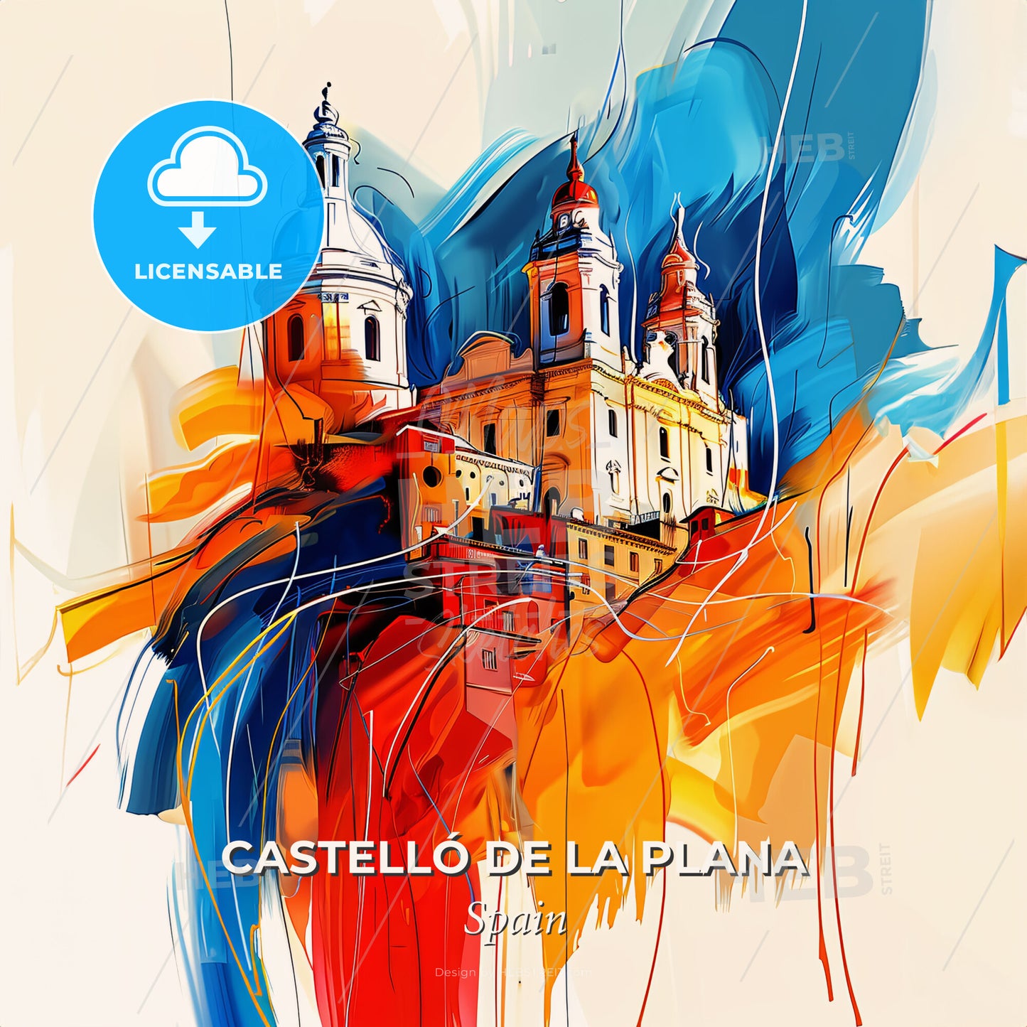 Vibrant Castelló De La Plana, Spain - A Painting Of A Building With Towers - Square format print template