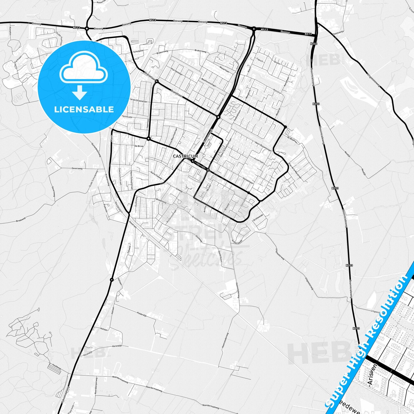Castricum, Netherlands Light Map with Street Names, City Names, and Districts