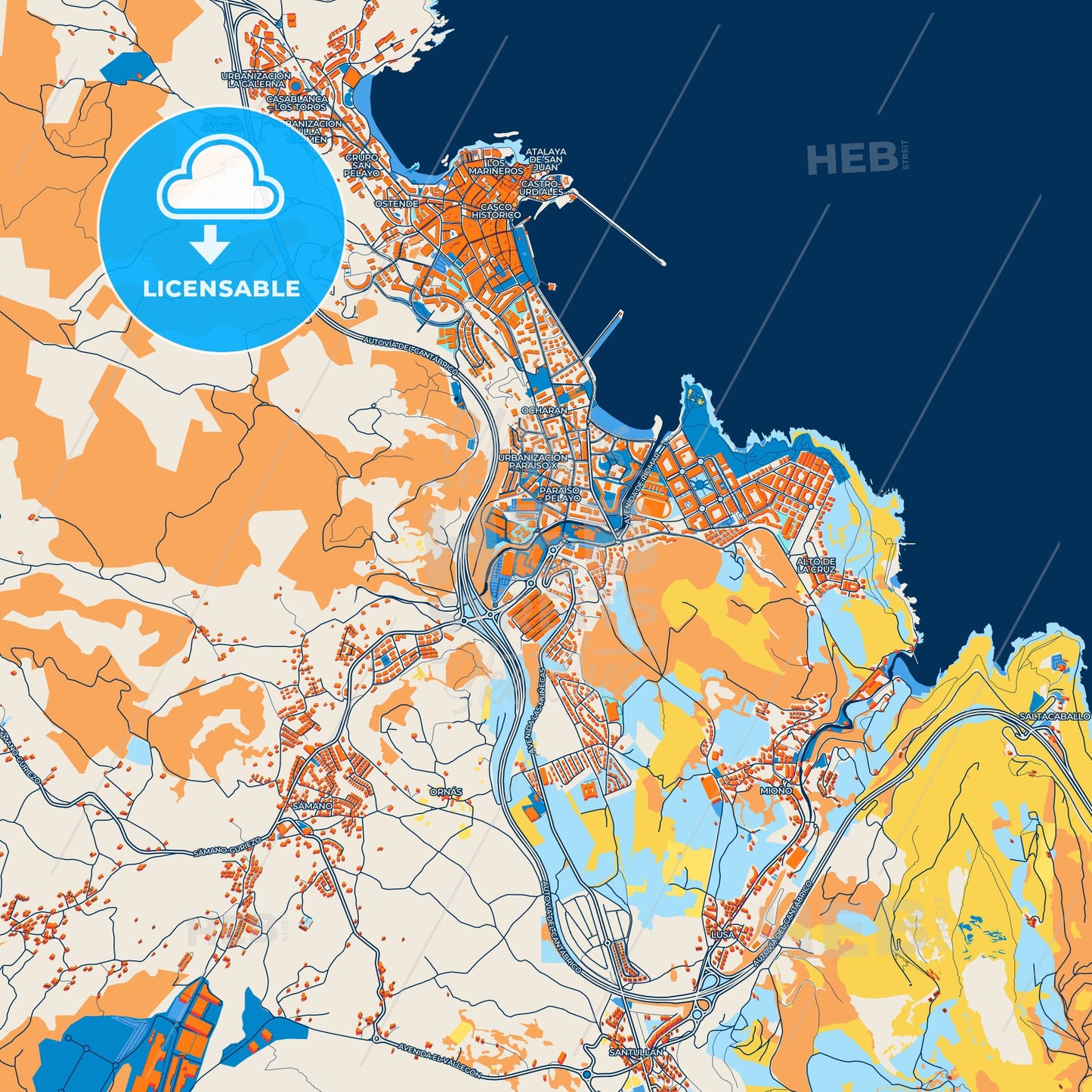 Colorful Castro-Urdiales Street Map with Labels and Buildings