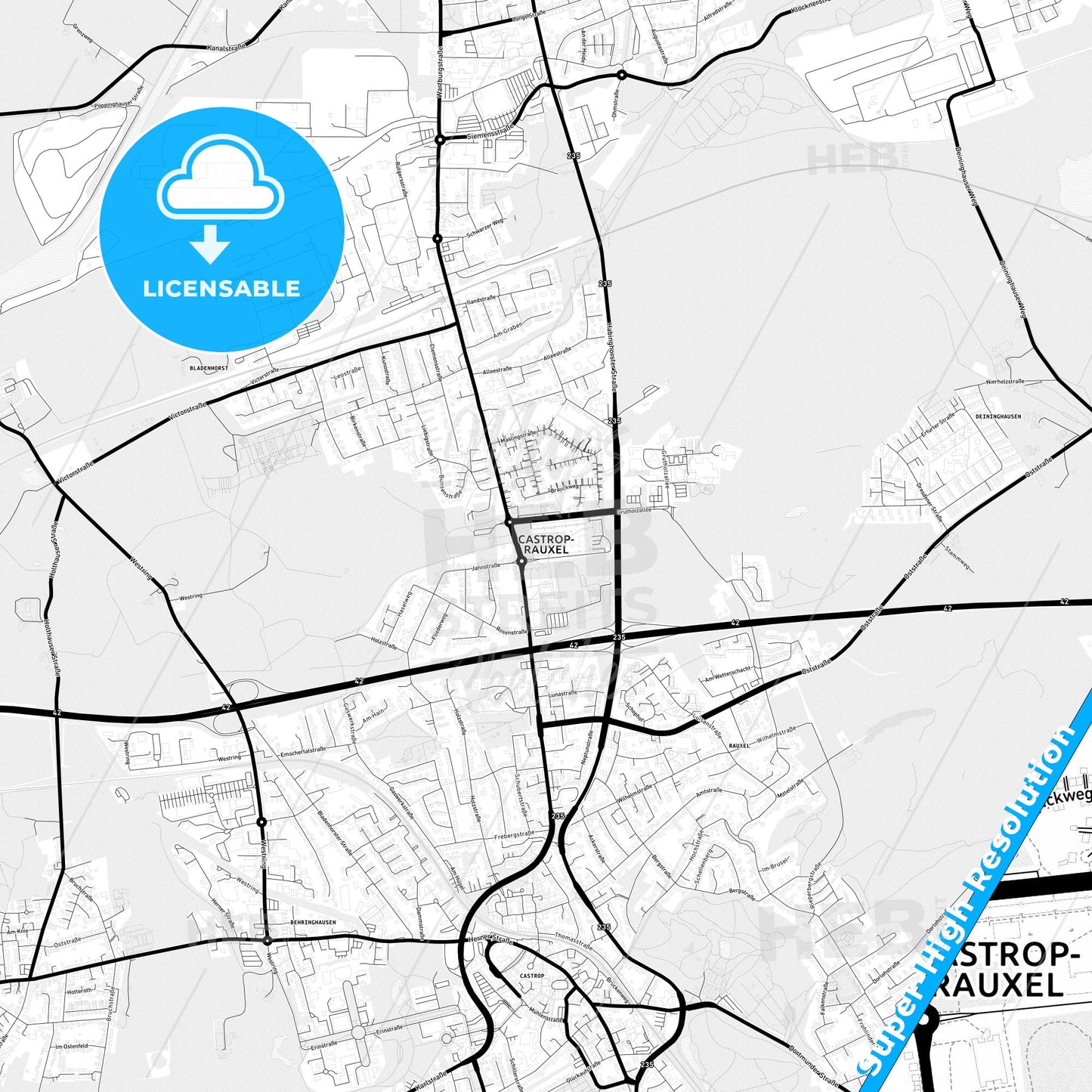 Castrop-Rauxel, Germany Light Map with Street Names, City Names, and Districts