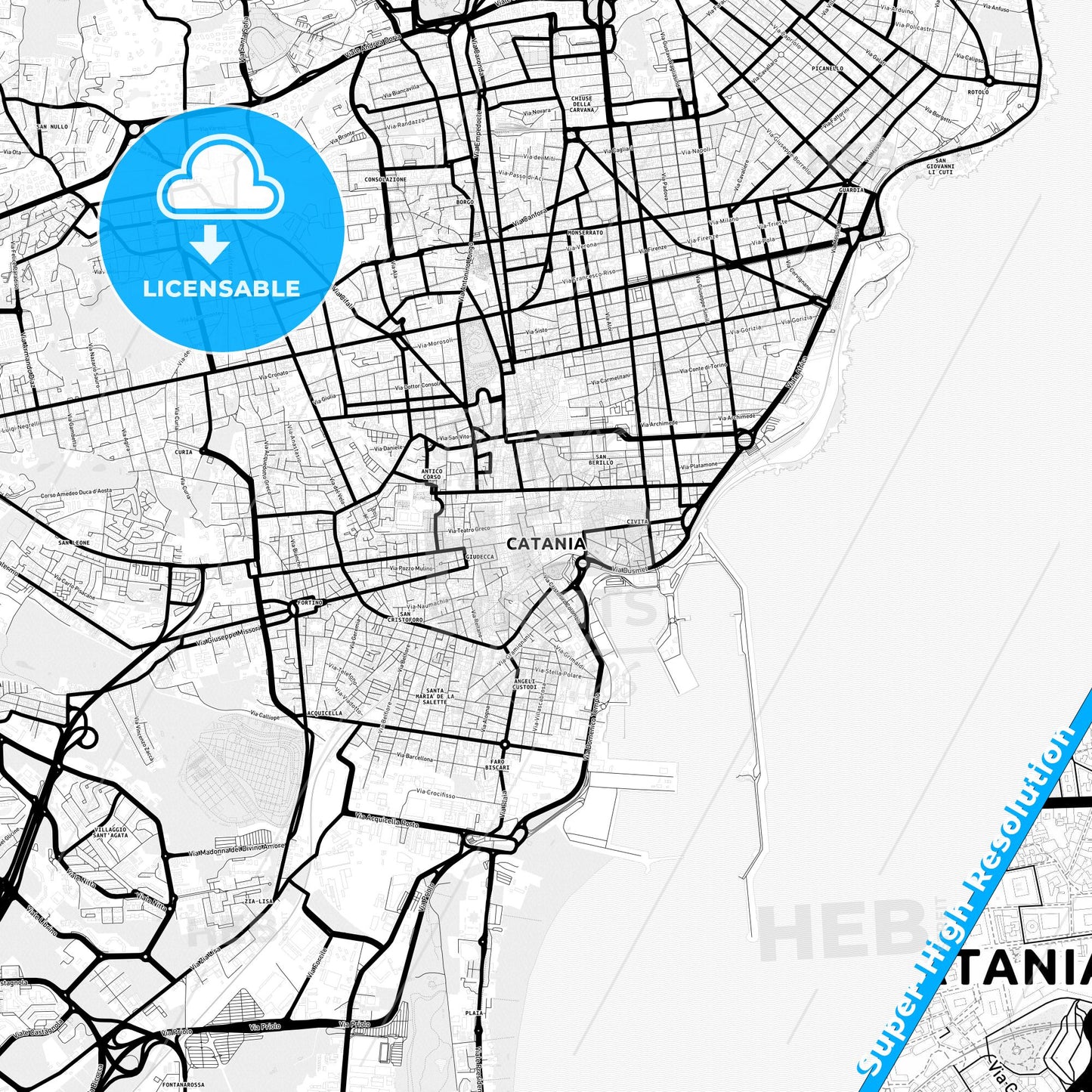 Catania, Italy Light Map with Street Names, City Names, and Districts