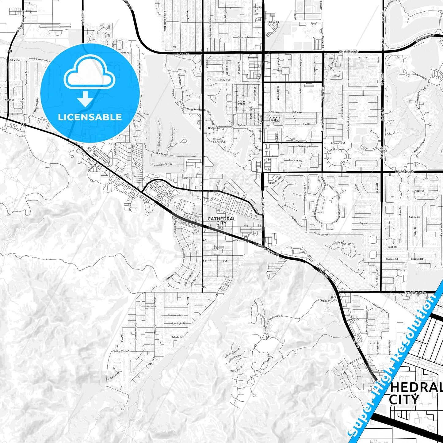 Cathedral City, California Light Map with Street Names, City Names, and Districts