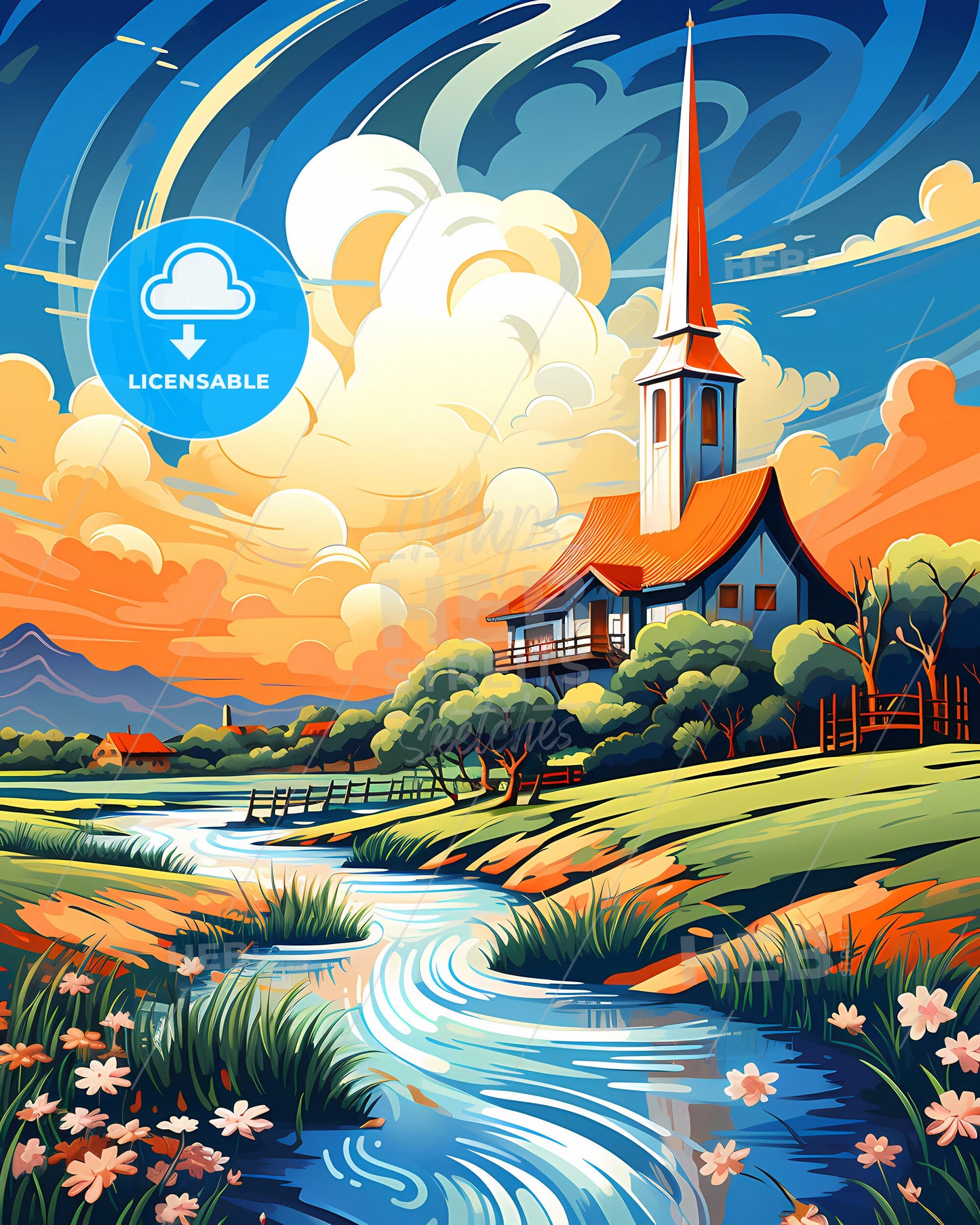 Vibrant Artistic Painting Skyline Church River Caxias do Sul Brazil