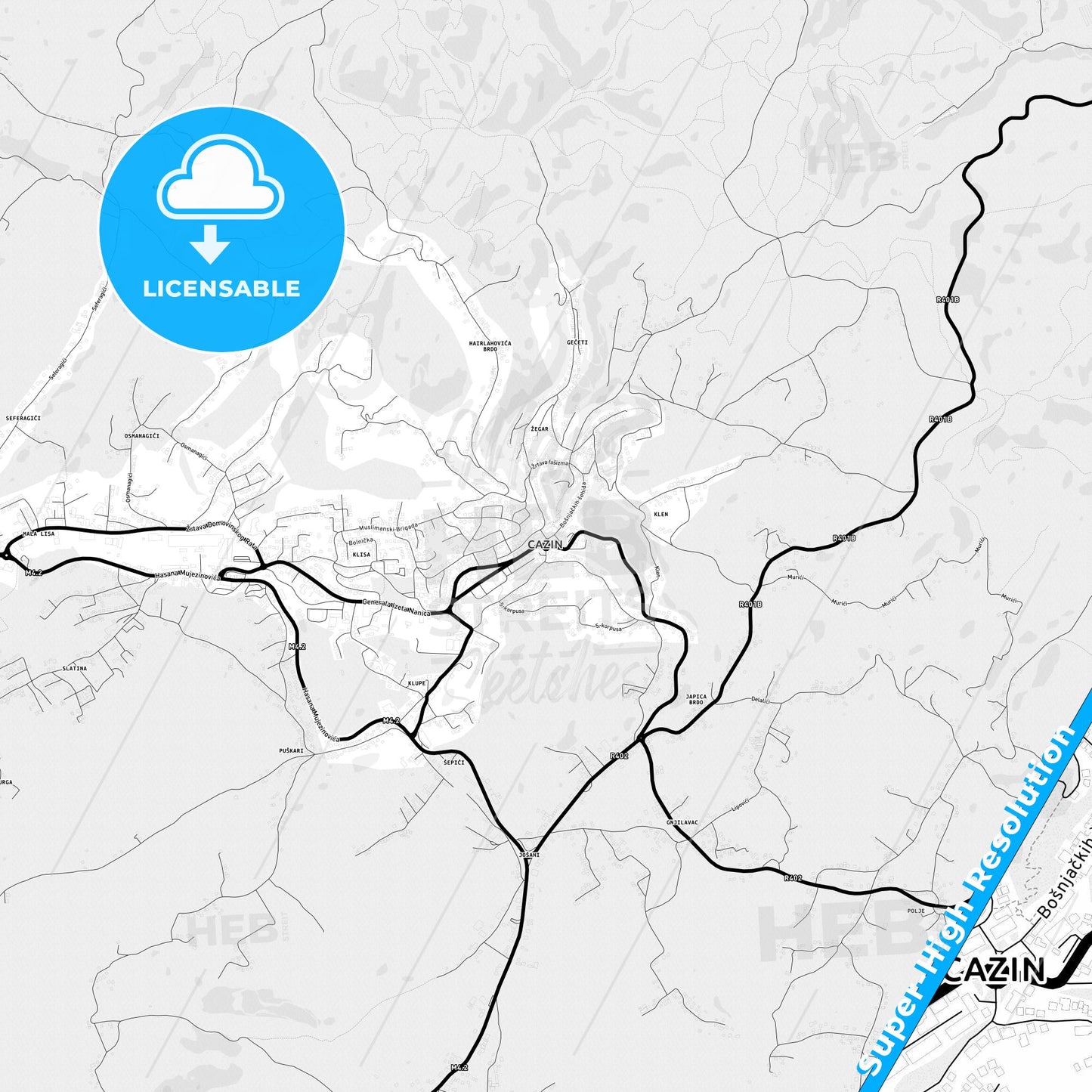 Cazin, Bosnia and Herzegovina Light Map with Street Names, City Names, and Districts